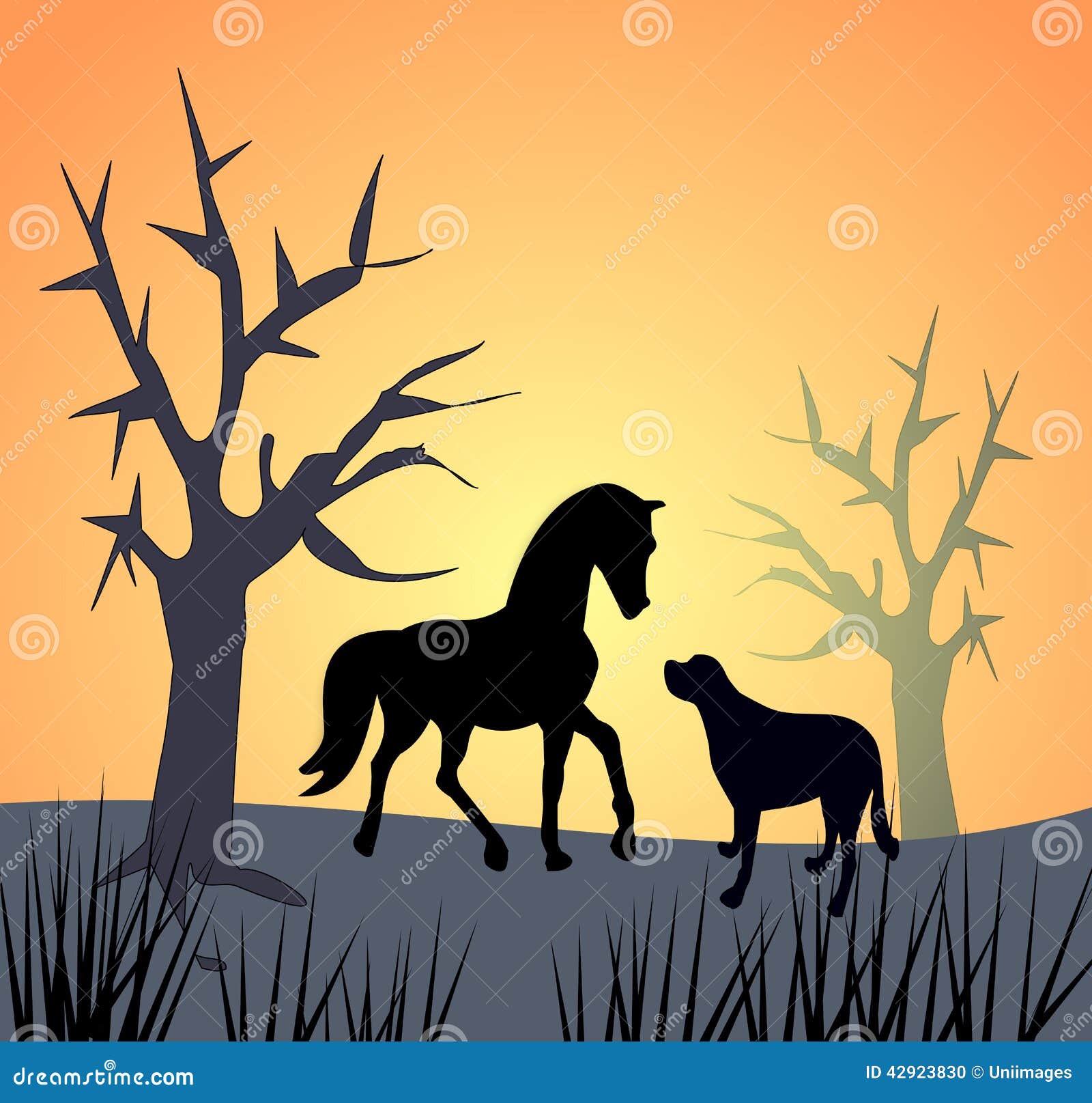 pferd und hund durch sonnenuntergang stock abbildung