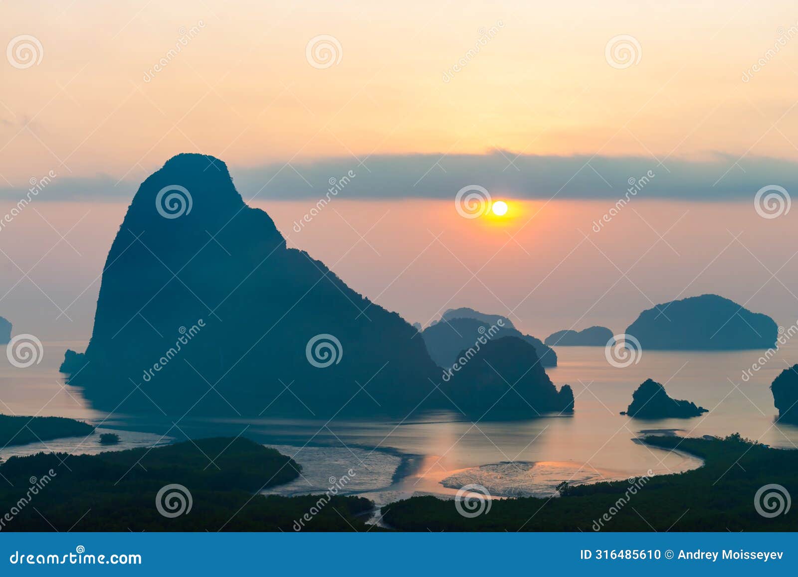 phang nga bay with with mangrove tree forest viewed from samet nangshe viewpoint towards andaman sea at sunrise, takua thung