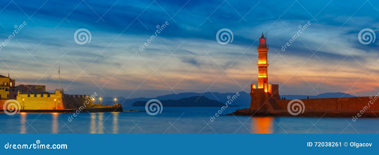 Phare Au Coucher Du Soleil Chania Crète Grèce Image Stock