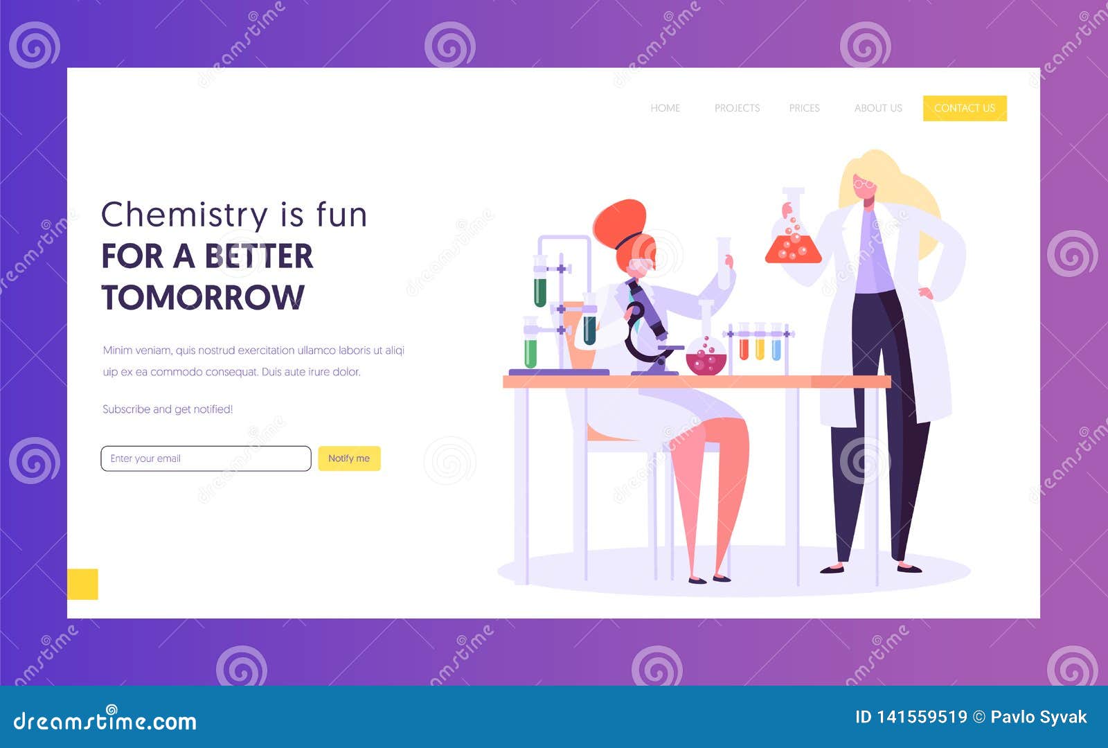pharmaceutic education and research concept landing page. scientist male character in glasses at chemistry lab. biotechnology