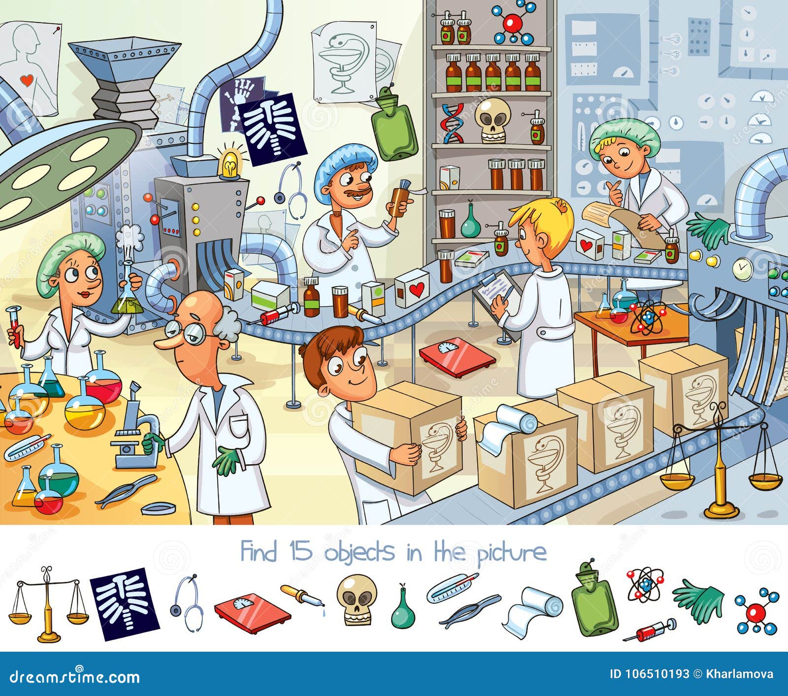 pharmaceutical factory. find 15 objects in the picture