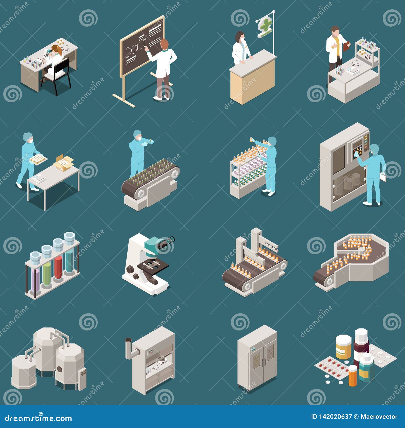 pharmaceutical production isometric icon set