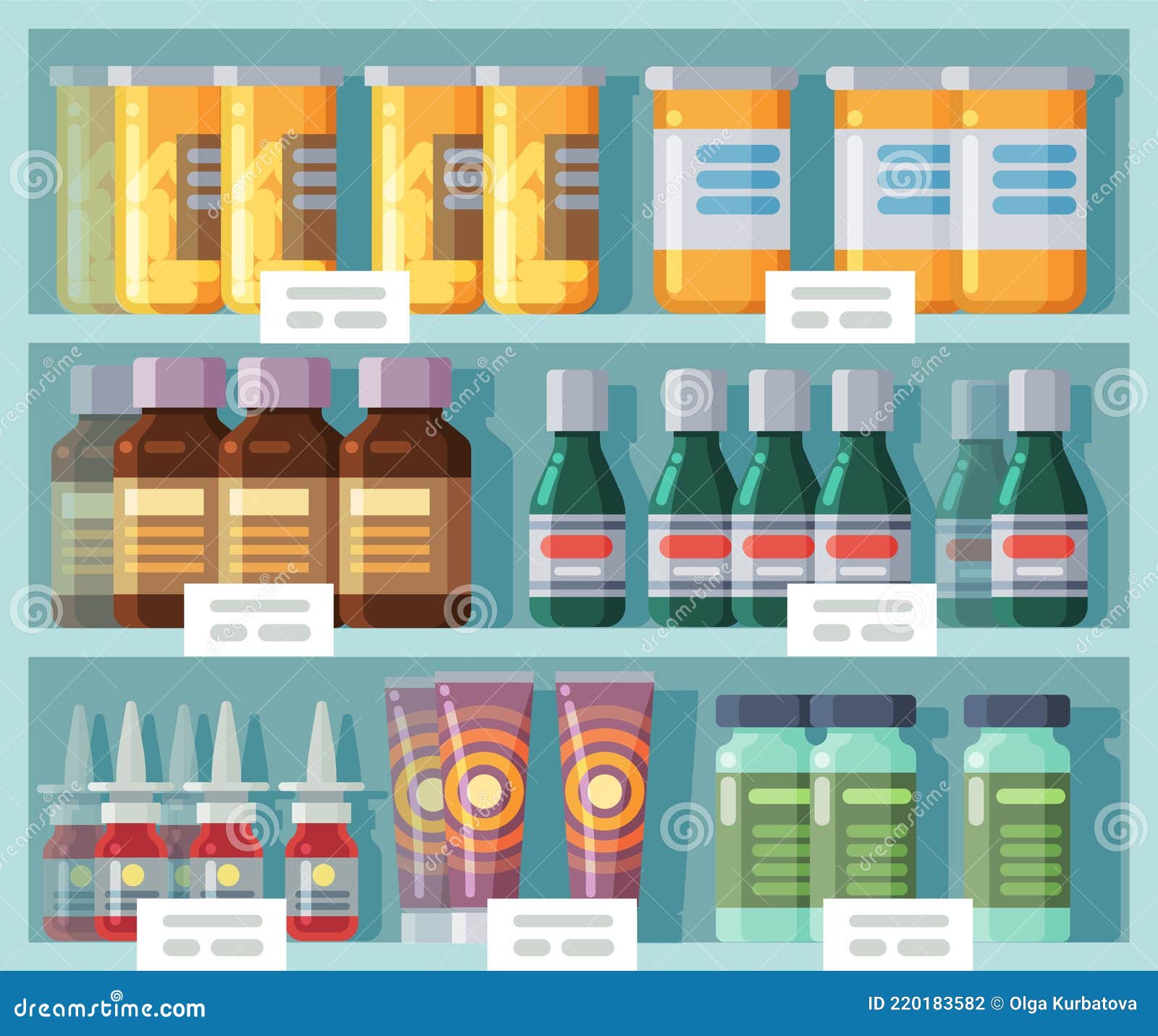 Pharmaceutical Shelves. Medicine Rack. Front View of Store Showcase with  Labels. Medicated Creams and Jars with Capsules Stock Vector - Illustration  of store, counter: 220183582