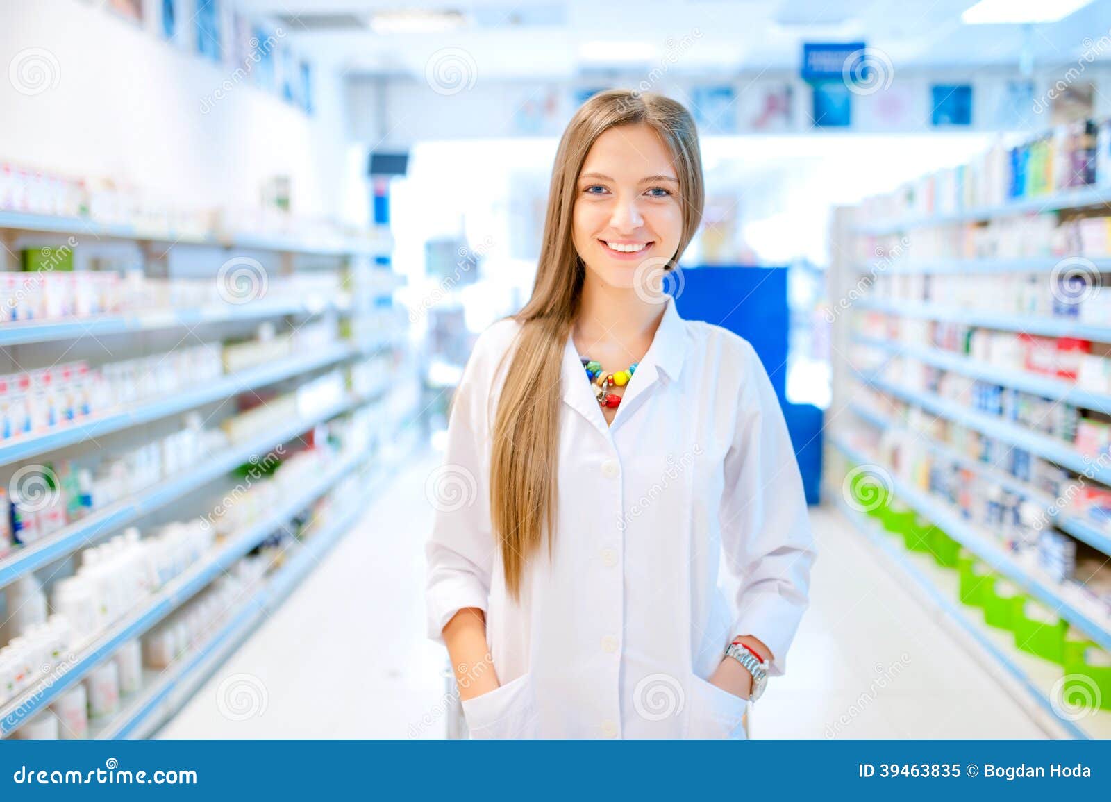 pharmacist chemist woman standing in pharmacy