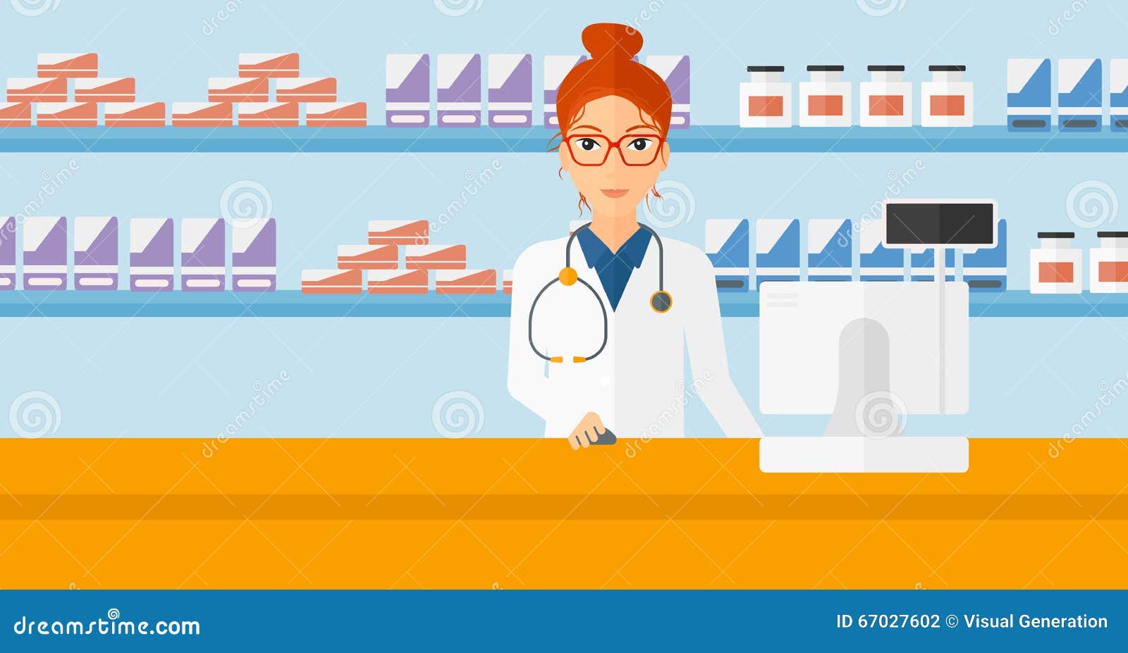 Pharmacist at Counter with Computer Monitor. Stock Vector ...