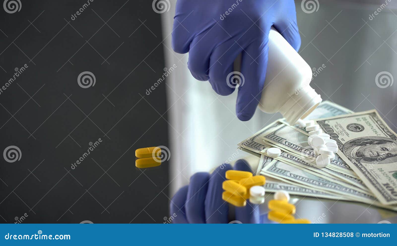 pharmacist dropping tablets on dollars, pharmaceutical business, expensive drugs
