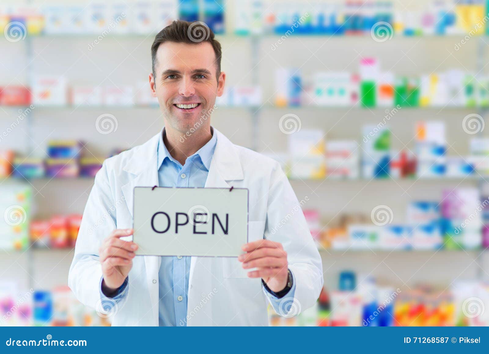 Pharmacist Holding an Open Sign Stock Image Image of clerk, open