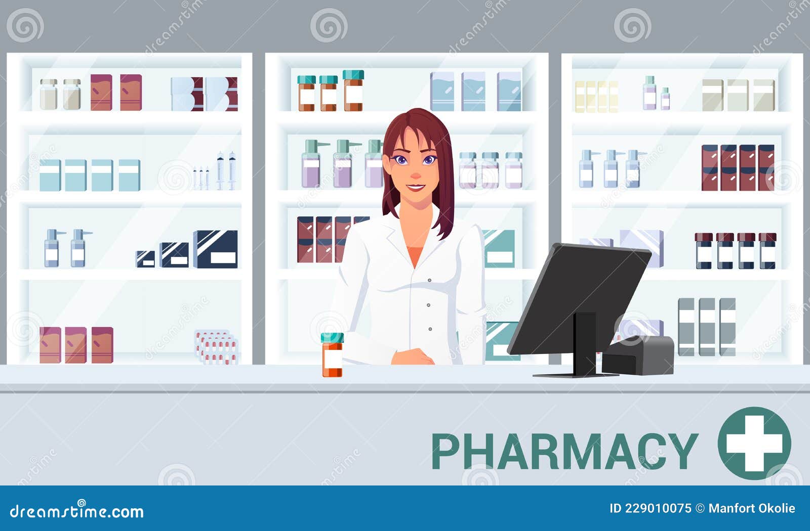 Pharmacist Infront of Shelf in a Pharmacy Flat Cartoon Illustration ...