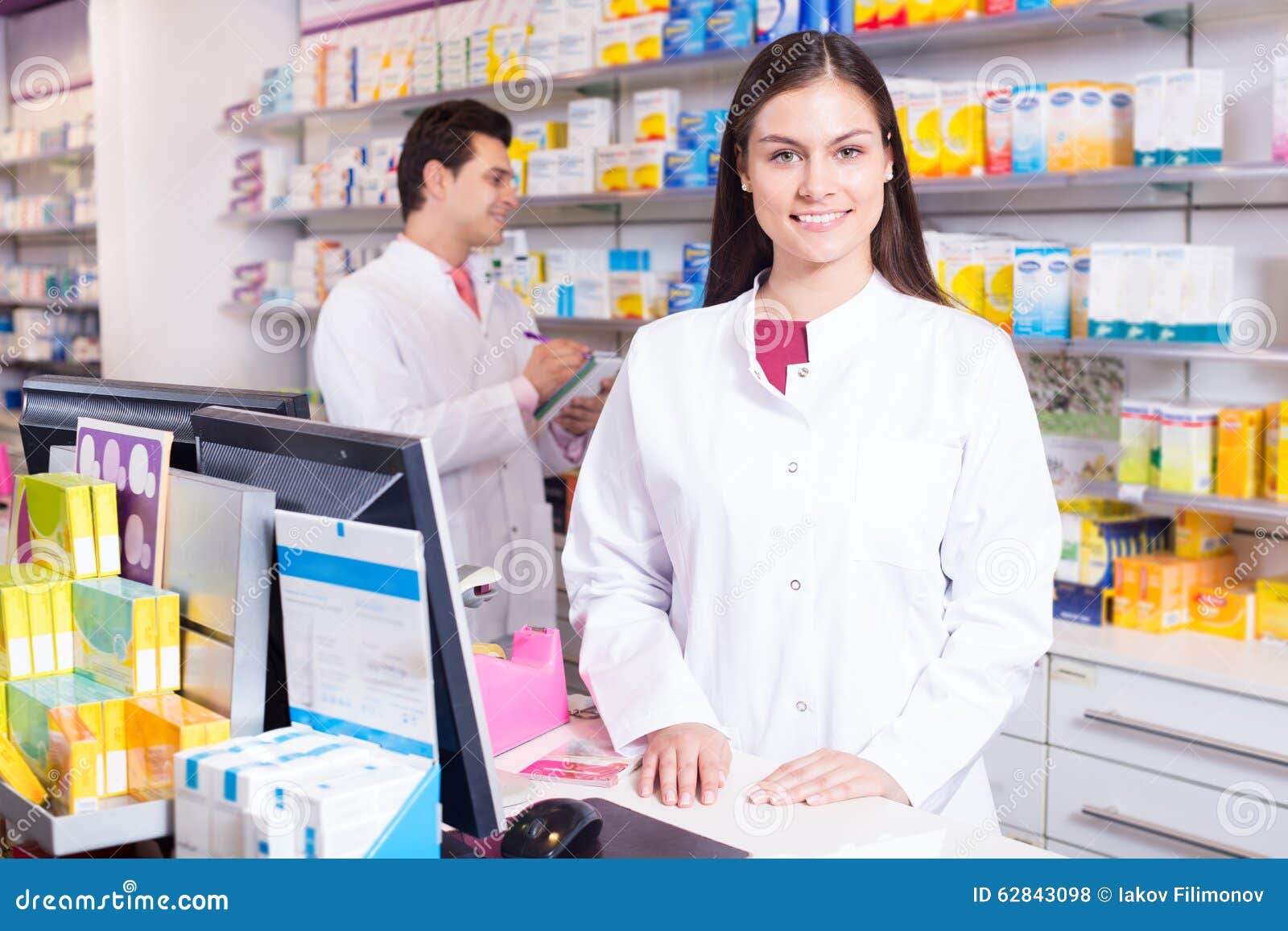 Pharmacist Standing at Pay Desk Stock Photo Image of people, greeting