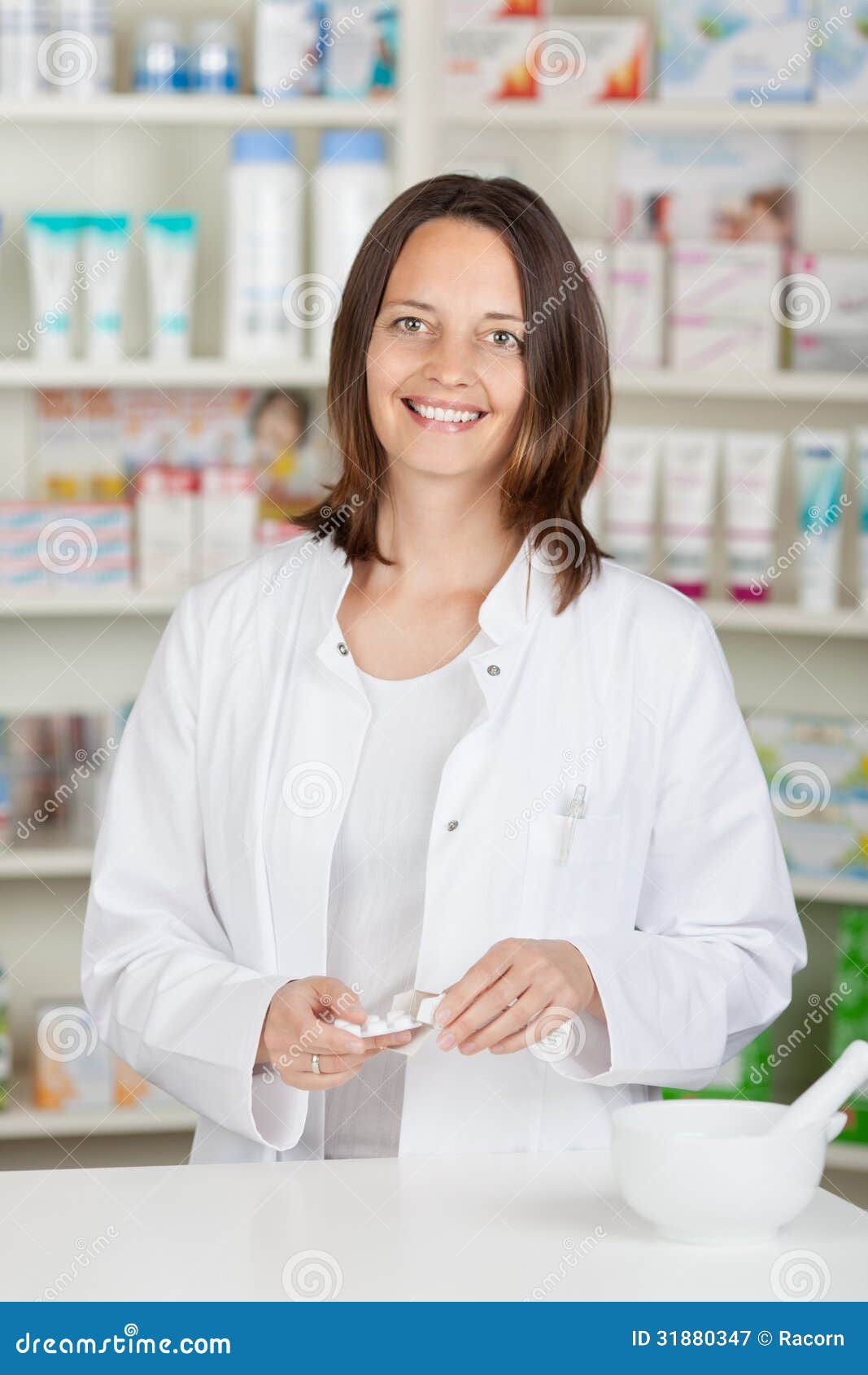 Pharmacist with Tablets at Pharmacy Counter Stock Image Image of