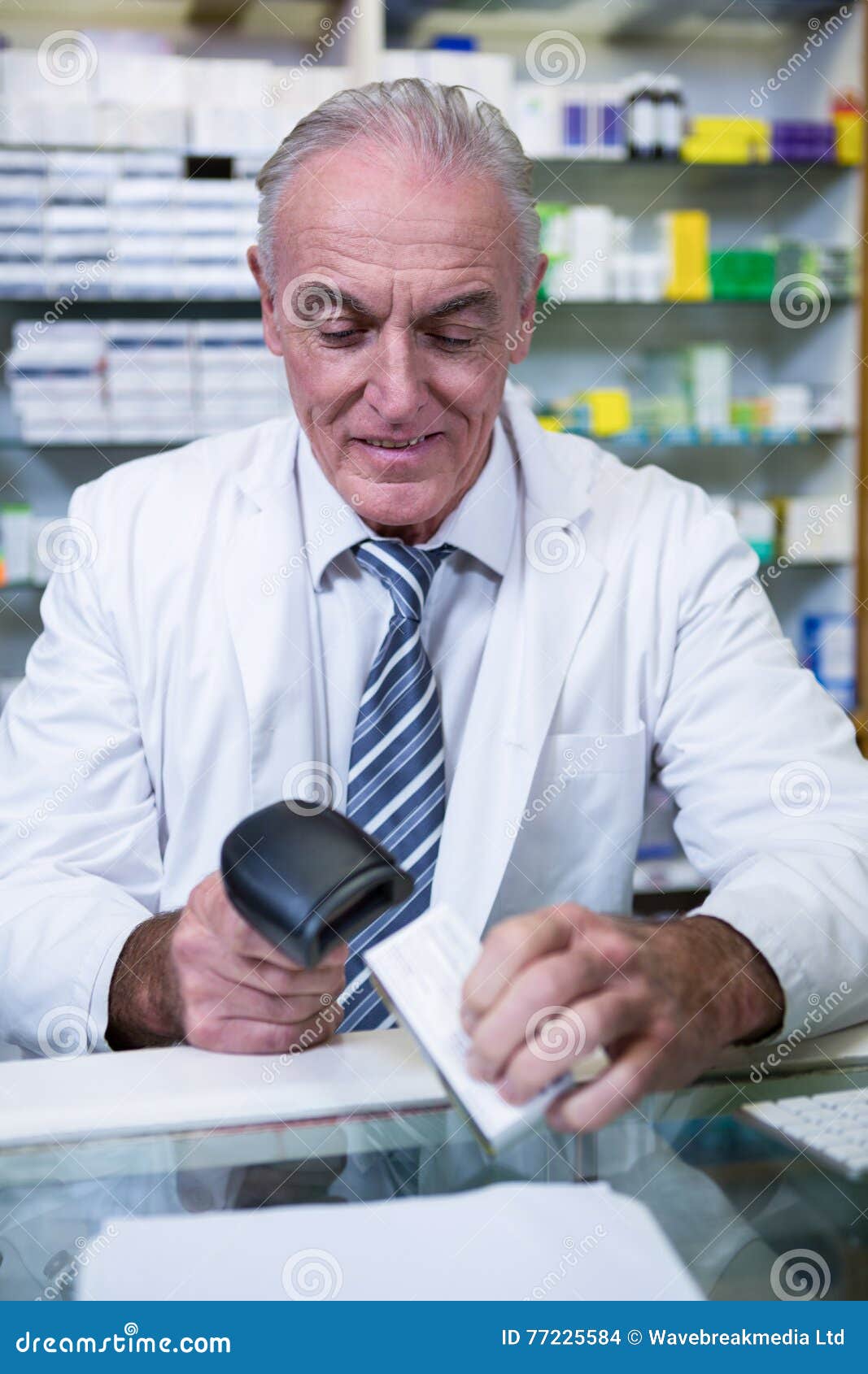 Pharmacist Using Barcode Scanner on Medicine Box Stock Photo Image of