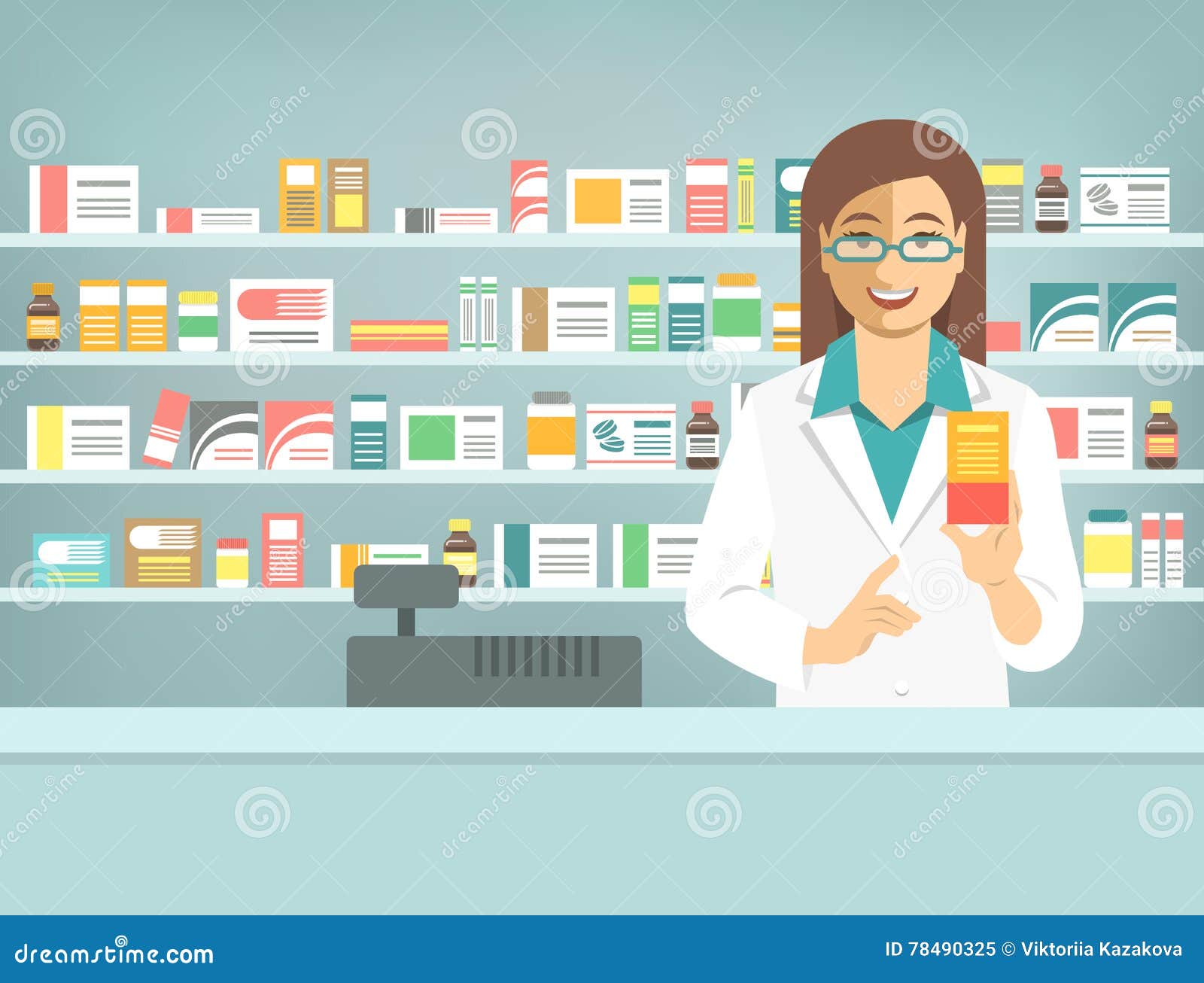 Pharmacist Woman with Medicine at Counter in Pharmacy Stock Vector ...