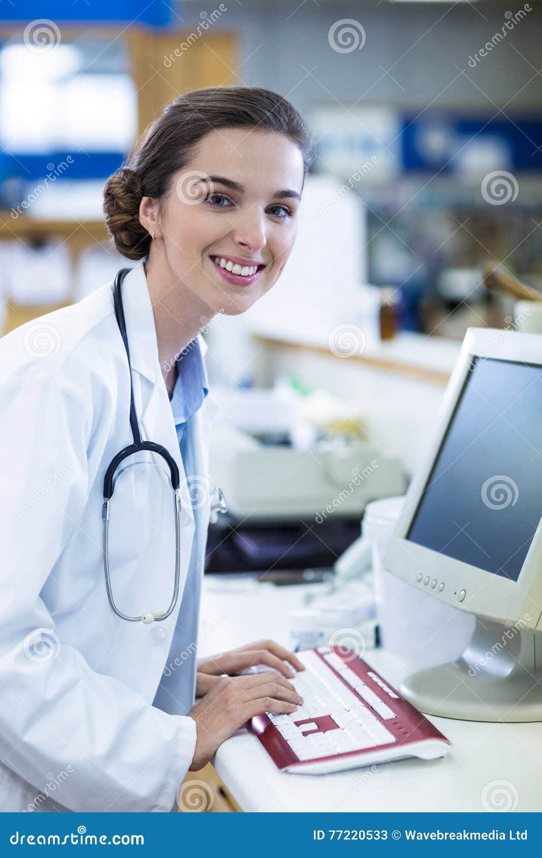 Pharmacist Working on Computer in Pharmacy Stock Image Image of happy