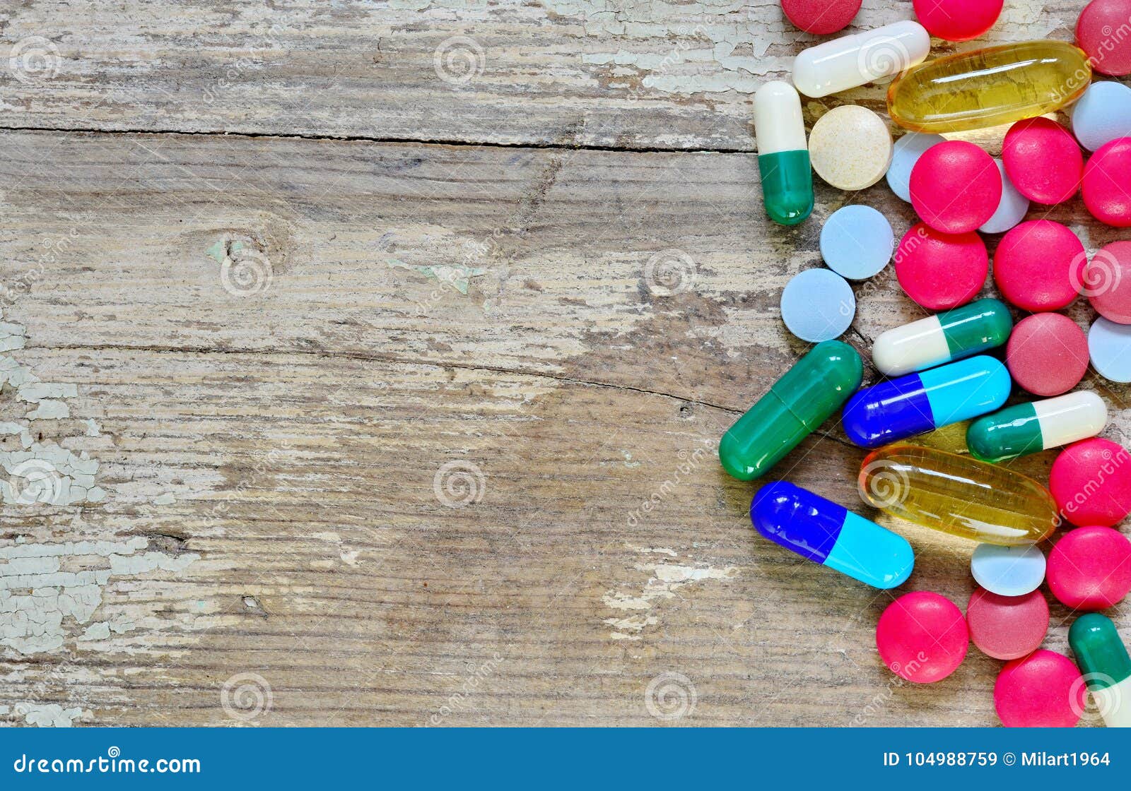 Pharmacy Background. Pills on a Wooden Table. Medicine Stock Image - Image  of close, health: 104988759