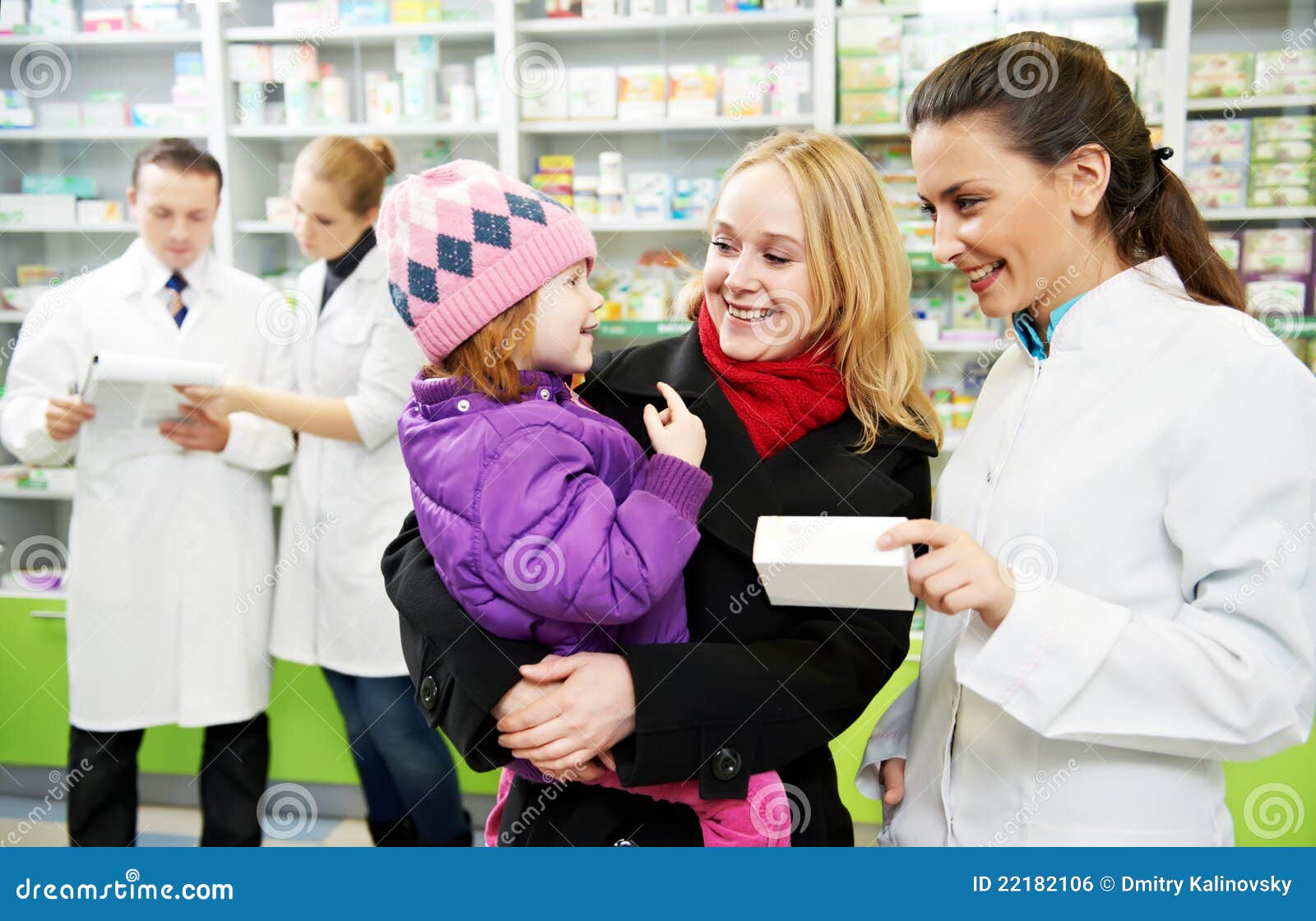 pharmacy chemist, mother and child in drugstore