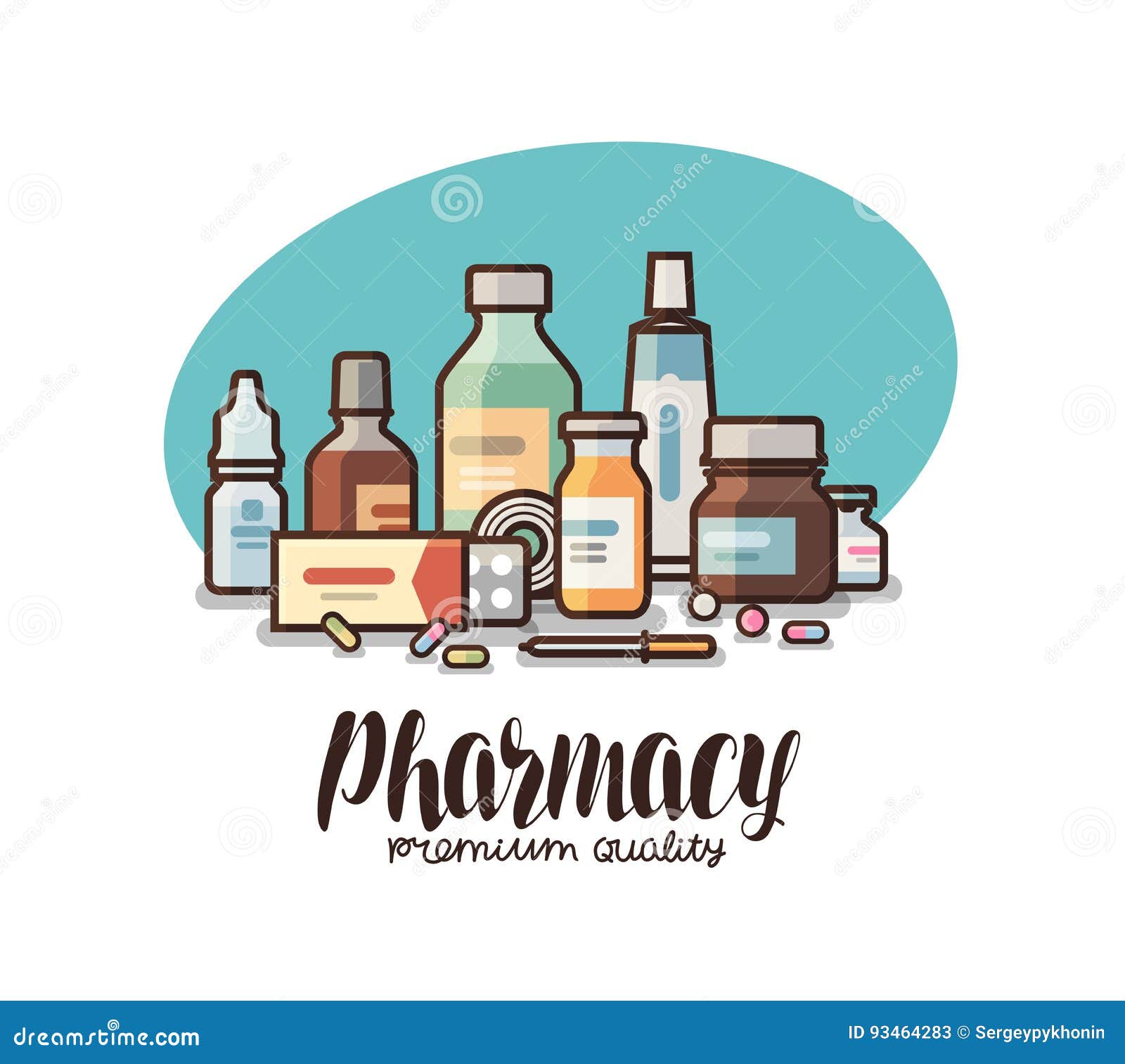pharmacy, drugstore label. medical supplies, bottles liquids, pills, capsules icon or logo. lettering 