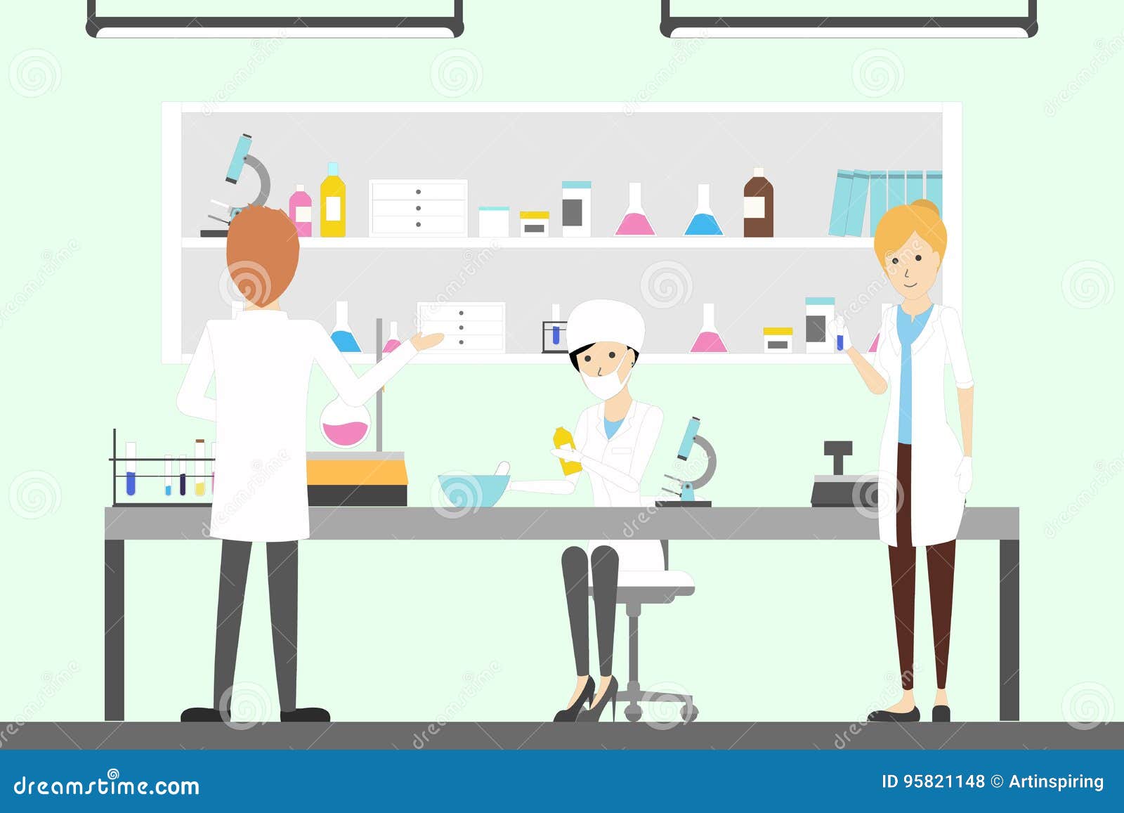 Pharmacy Lab with Chemists. Stock Vector Illustration of flask