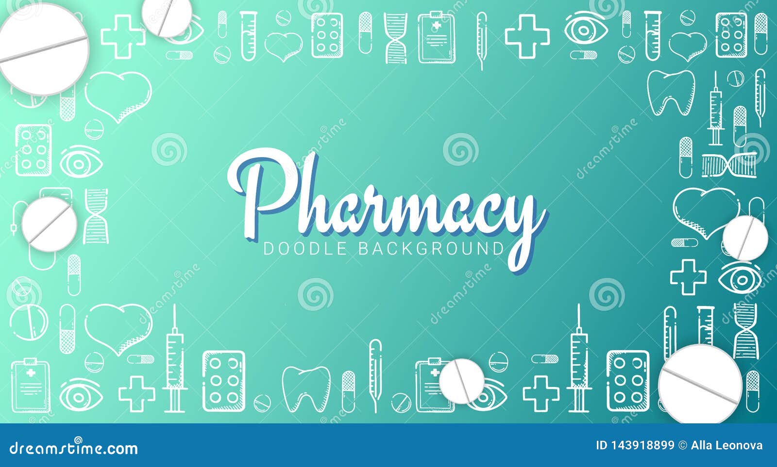 Pharmacy and Medical Banner with Doodle Background. Pills, Vitamin ...