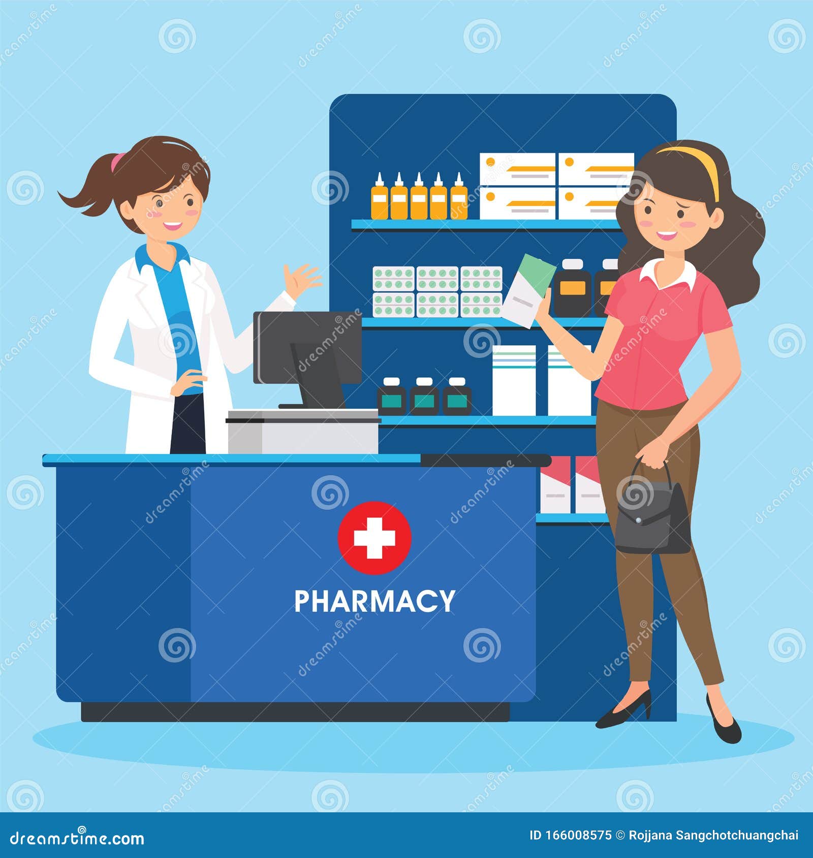 Pharmacy with Nurse in Counter Stock Illustration - Illustration of ...