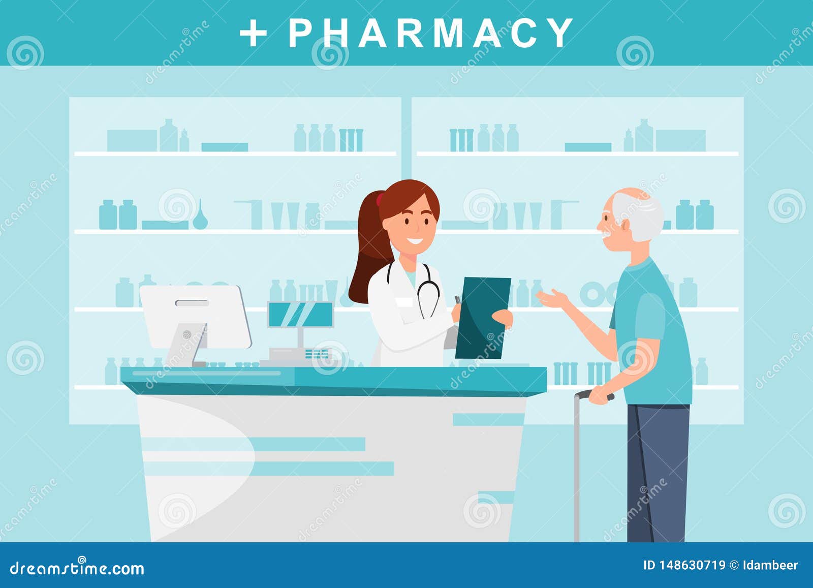 Pharmacy with Pharmacist and Client in Counter Stock Vector - Illustration  of store, sale: 148630719