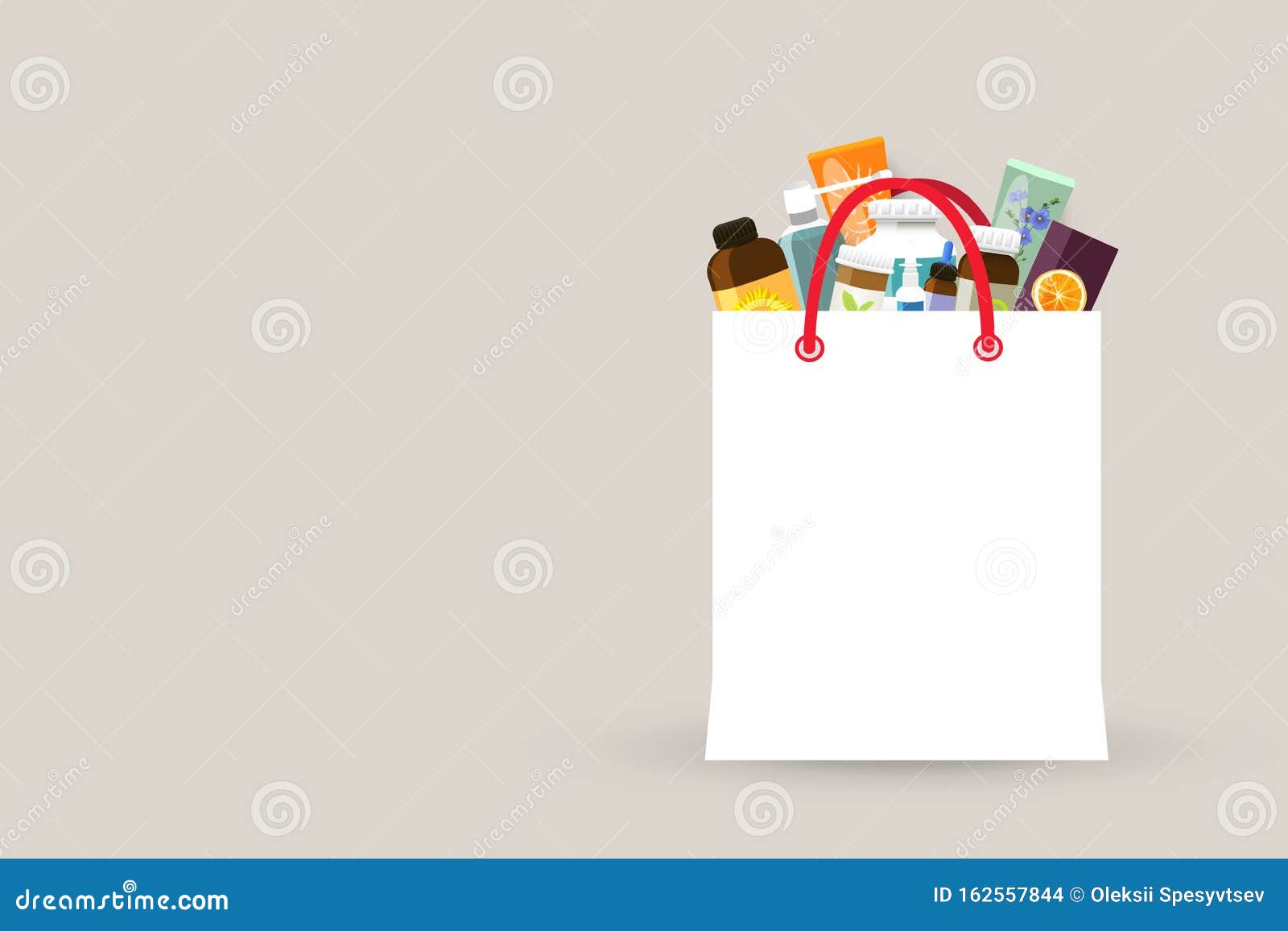 Download Pharmacy Shopping Paper Bag / Package Mockup Full Of Medicine Bottles, Sprays And Pills. Vector ...
