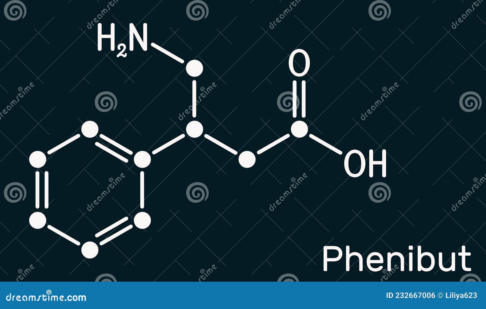 phenibut molecule. it is central nervous system depressant with anxiolytic and sedative effects. skeletal chemical