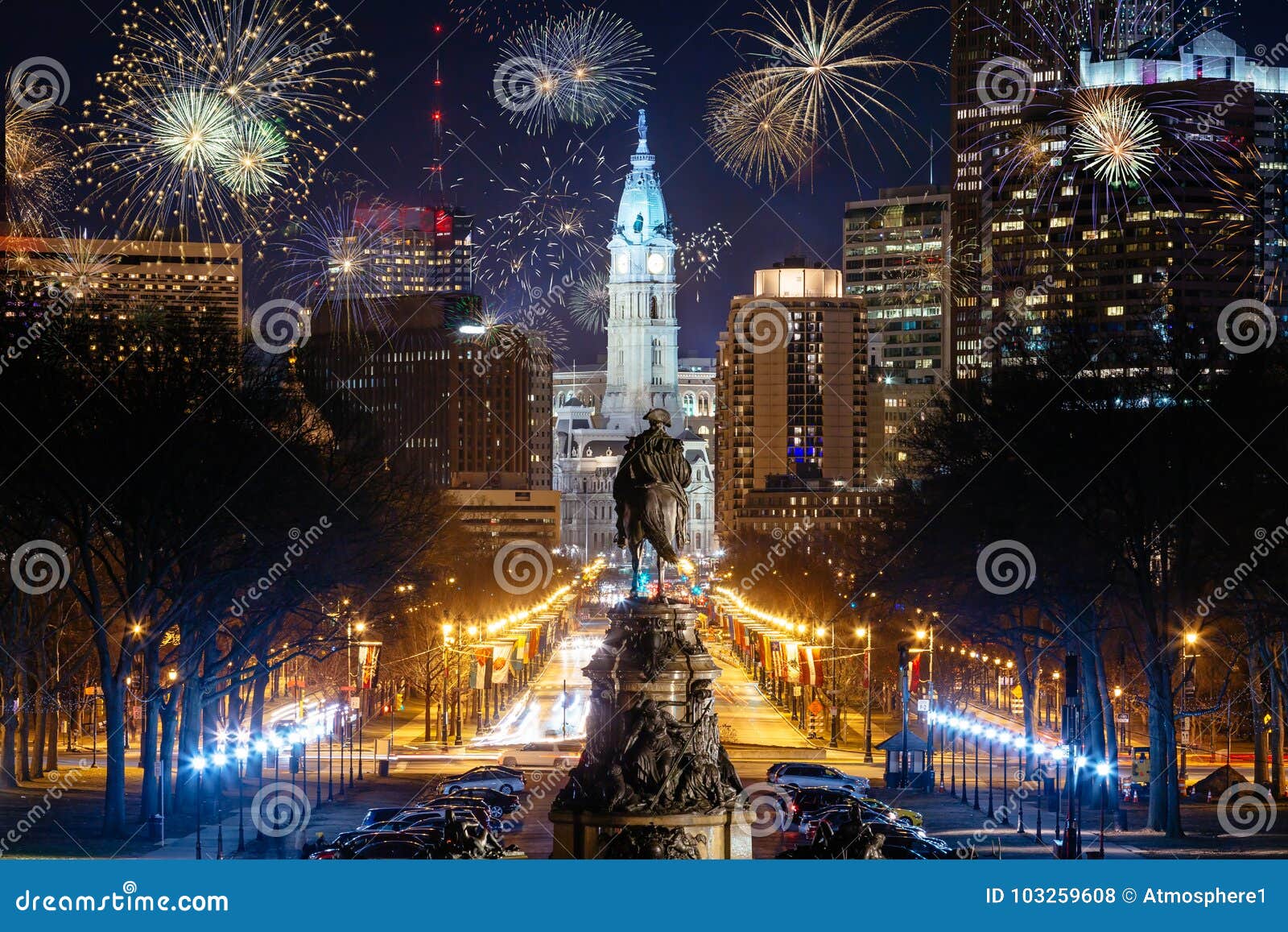 philadelphia city skyline with fireworks
