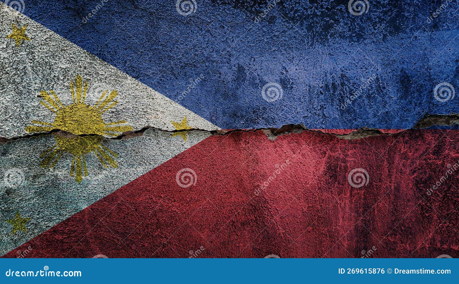 Philippines Flag on Cracked Wall. Earthquake or Drought Concept Stock