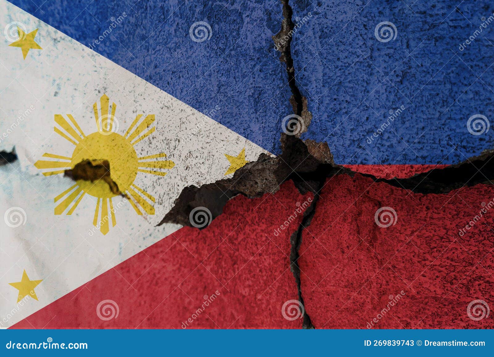Philippines Flag on Cracked Wall. Earthquake or Drought Concept Stock