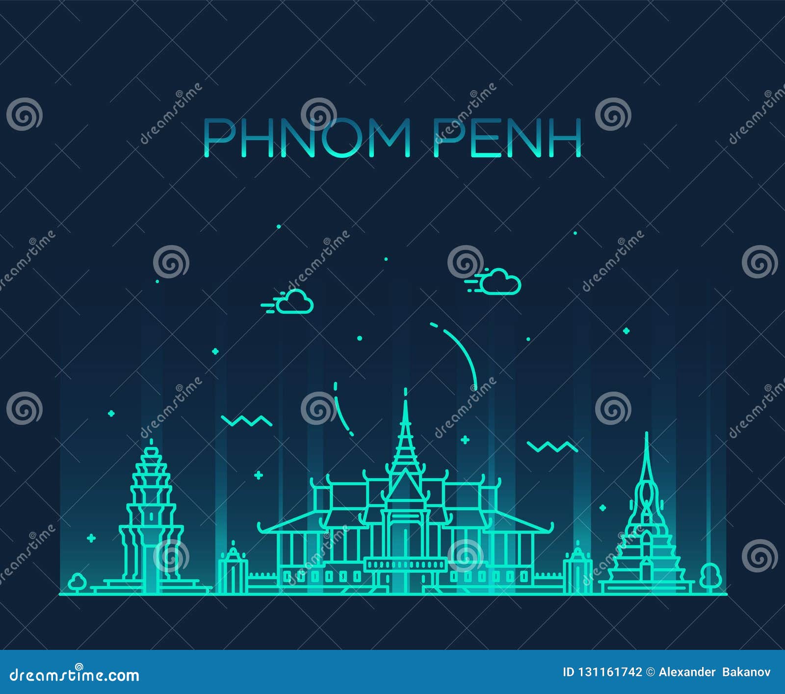 Phnom Penh Skyline Cambodia Trendy Vector Linear Stock Vector