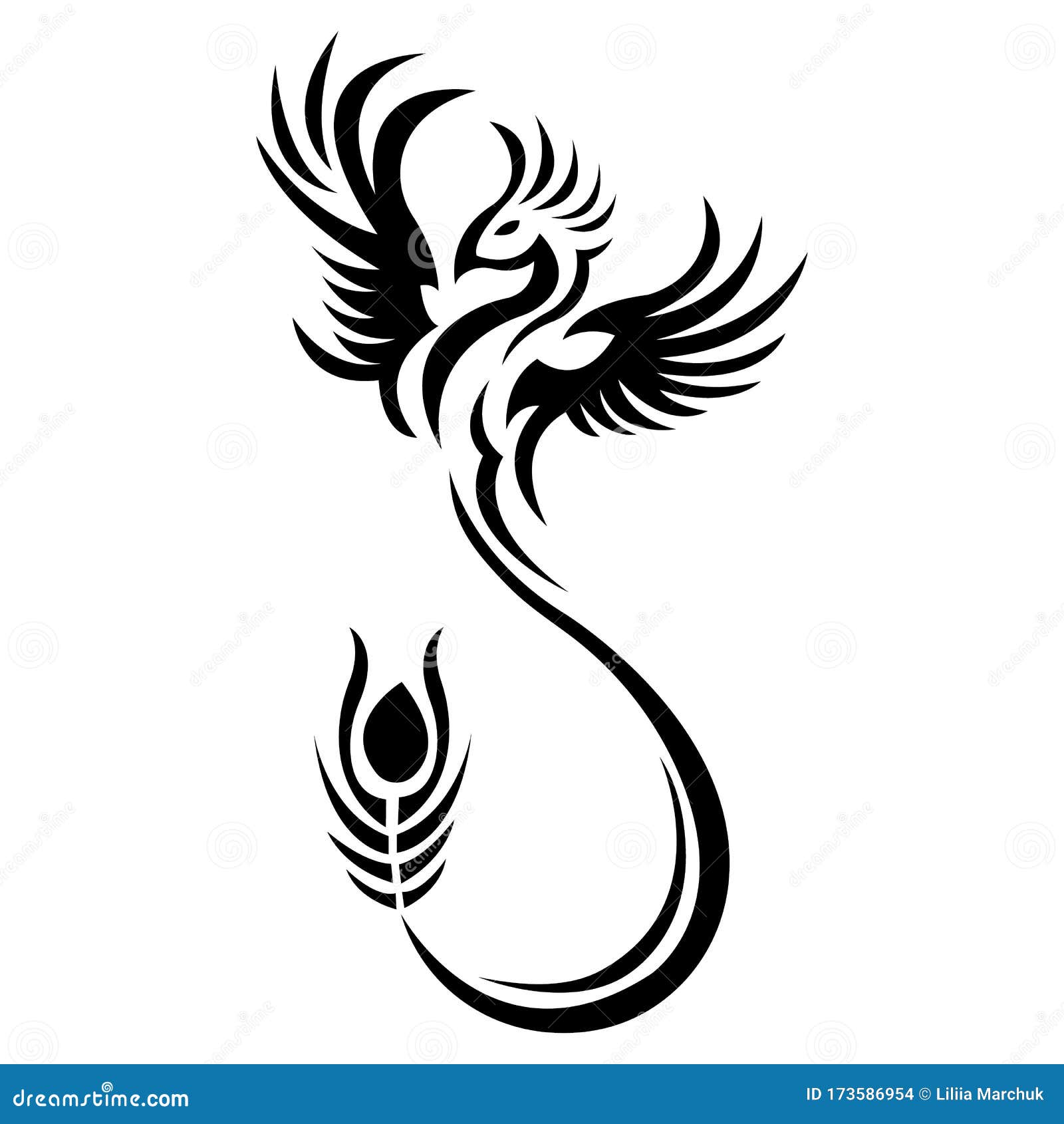 Phoenix Bird Black Silhouette Drawn by Ornate Lines in a Flat Style. Bird Tattoo, Firebird Logo, Emblem for Fashion Design Stock Vector - Illustration of design, isolated: 173586954