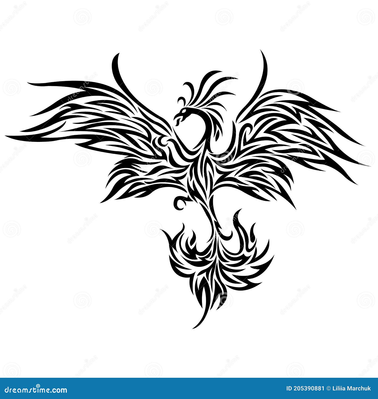 Phoenix Bird in Flight Black Silhouette Drawn by Decorative Lines in a ...