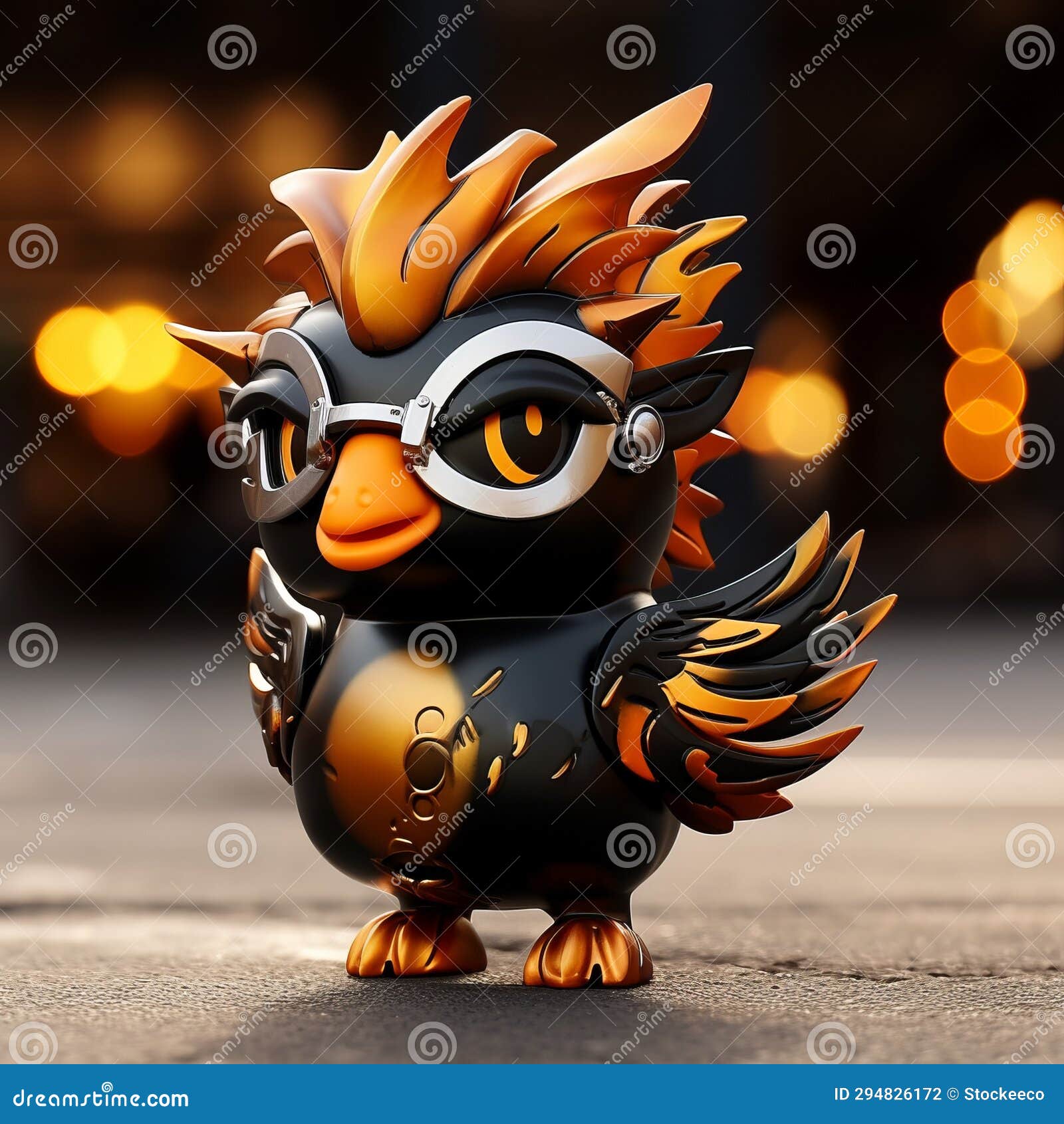 inventive black and orange toy bird with liquid metal 
