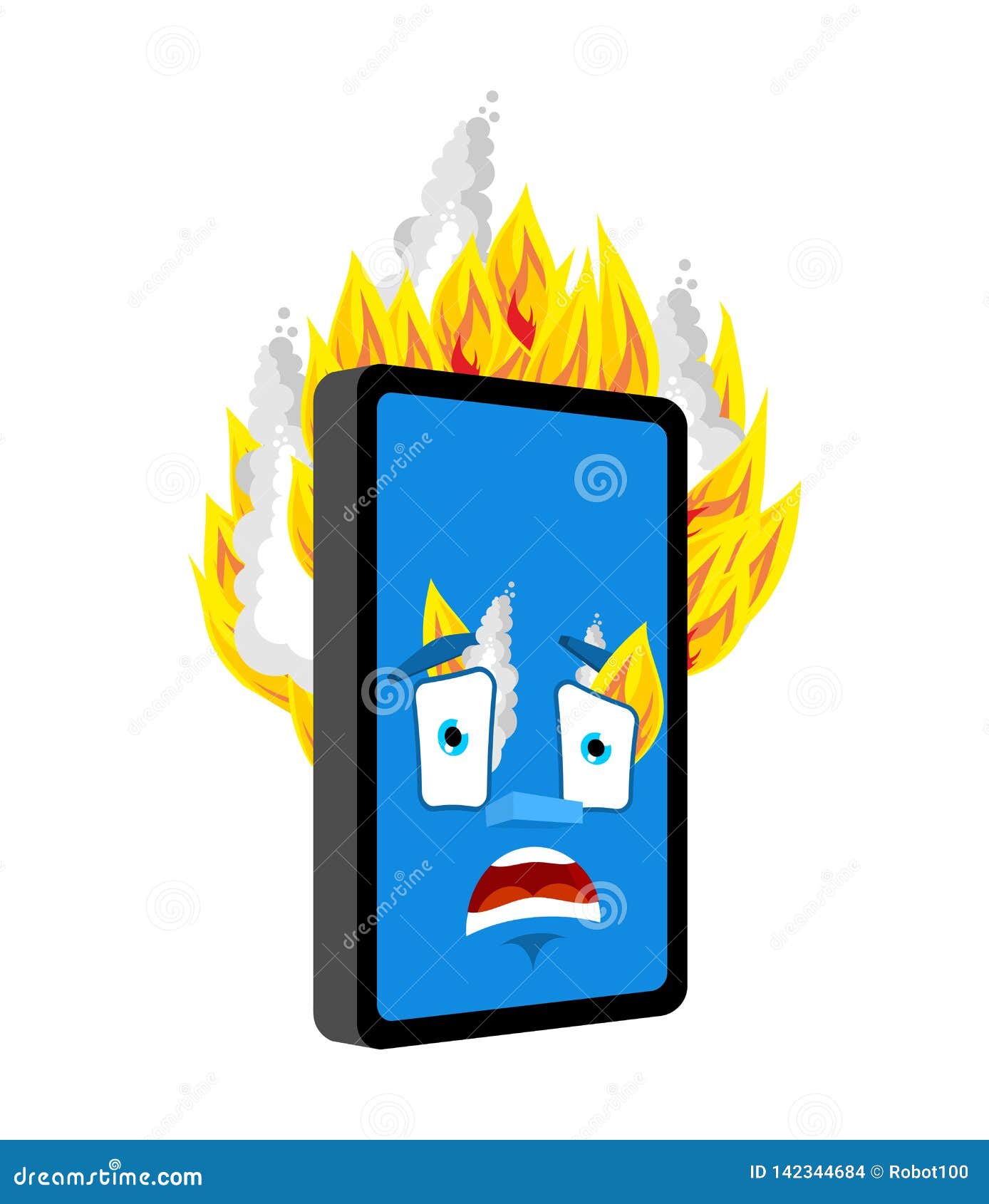 Phone Fire Isolated. Burning Smartphone Cartoon Style Stock Vector