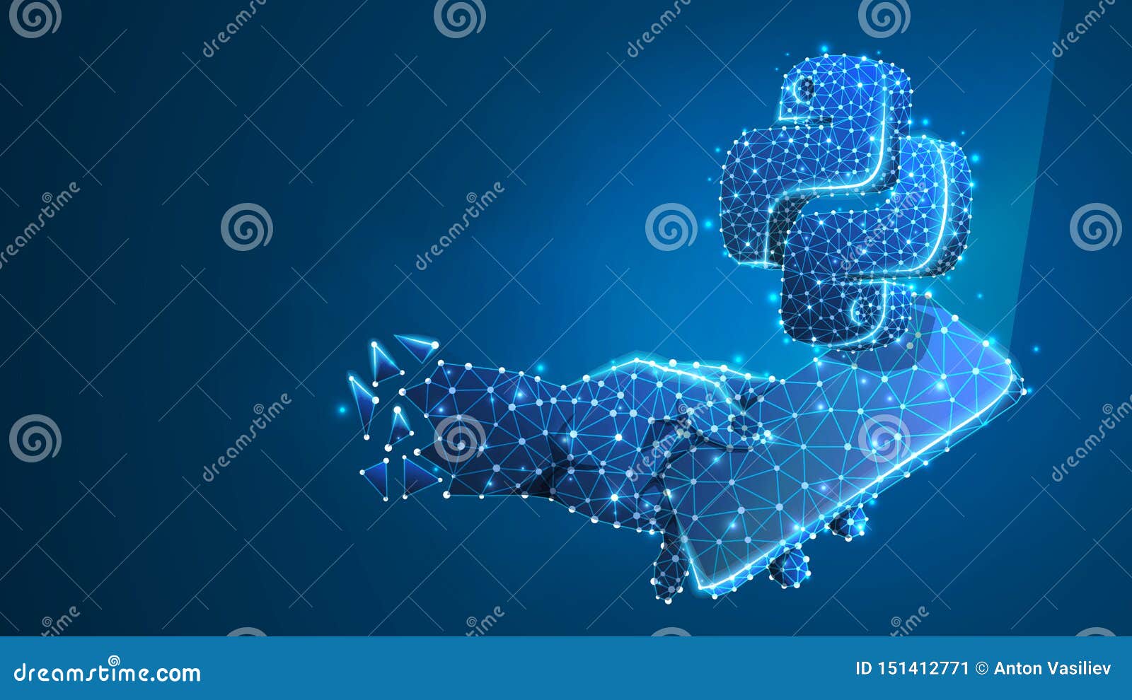 Phone In A Hand With Python Language Symbol On White Mobile Screen. Coding  Software Concept. Abstract, Digital, Wireframe, Low Poly Mesh, Polygonal  Vector Blue Neon 3d Illustration. Triangle, Line Dot Royalty Free