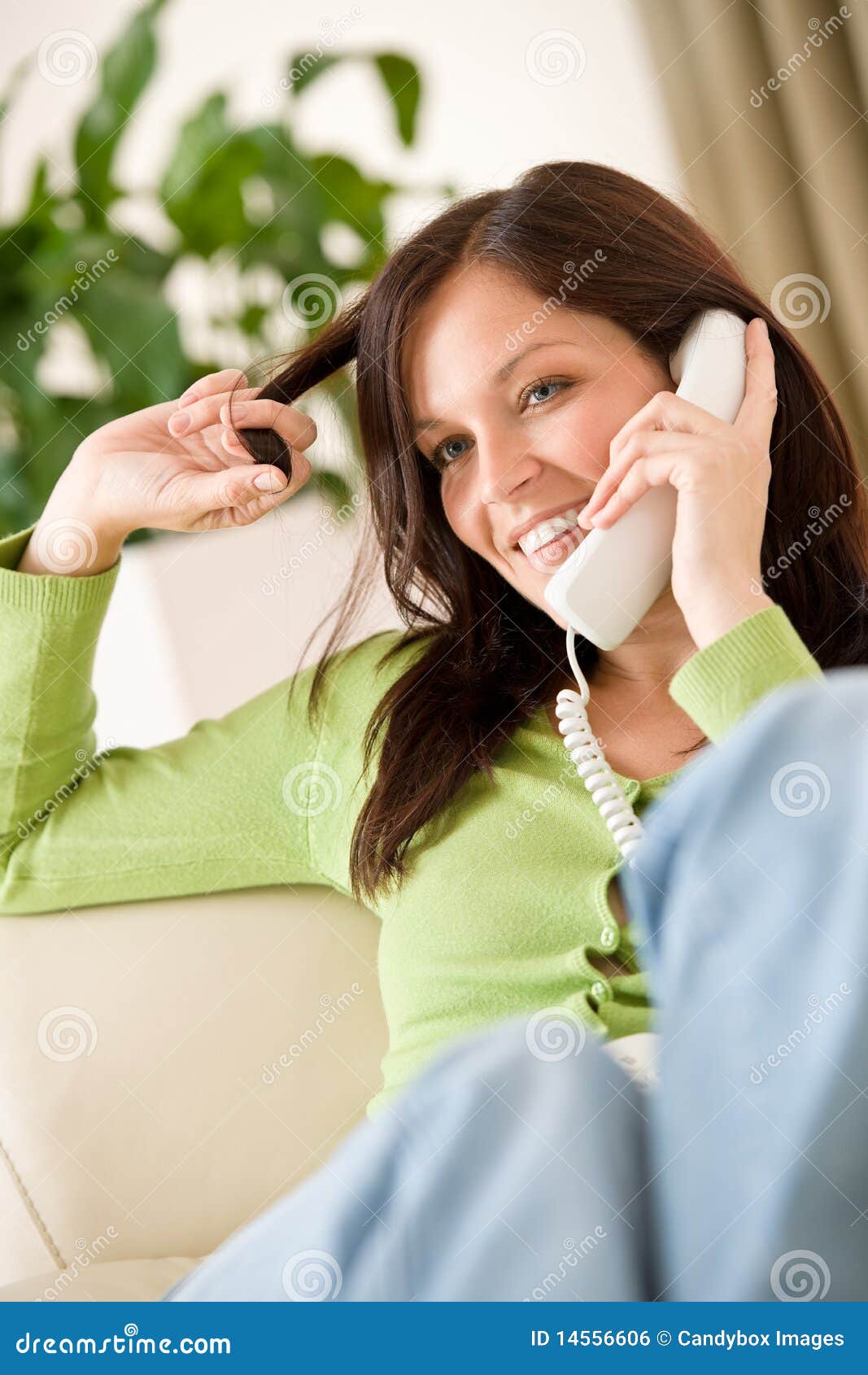 On the Phone Home: Happy Woman Calling Stock Photo - Image of adult