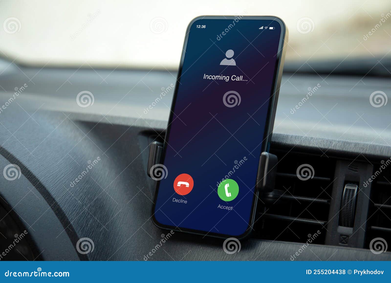 Phone with Call on Screen Inside the Car Stock Photo Image