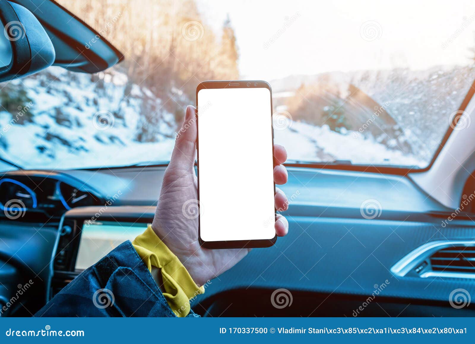 Download Phone Mockup In The Car Passenger S Hand Display To Promote App Design Stock Photo Image Of Mockup Trip 170337500 PSD Mockup Templates