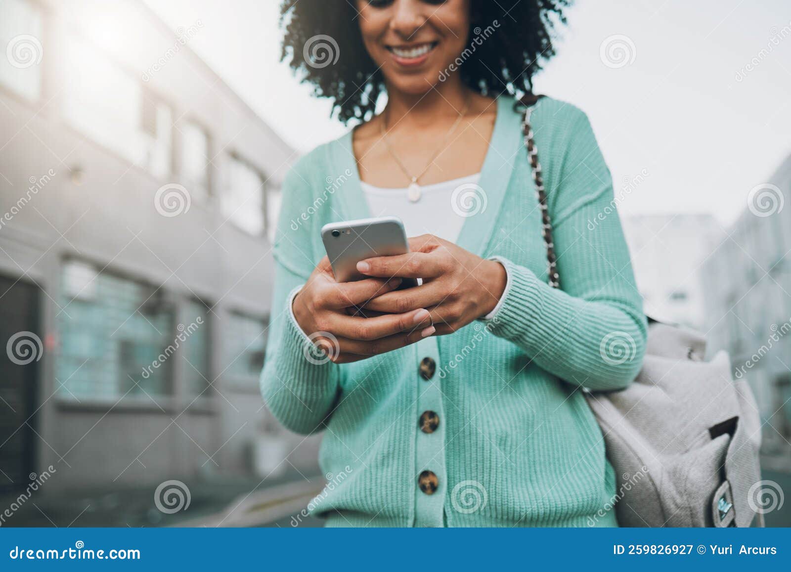 Black woman, smile and phone in social media with headphones in joy for 5G  connection in the outdoors. Happy African American female student smiling  for technology and internet on mobile smartphone