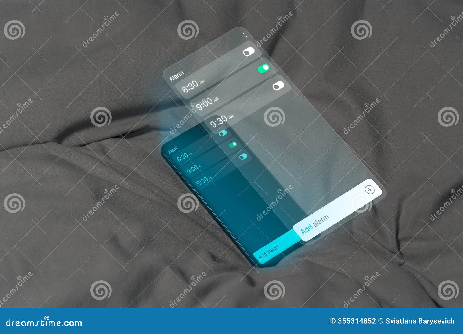 the phone screen displays three set alarms. only the alarm for 9:00 is active, glowing with neon green light.