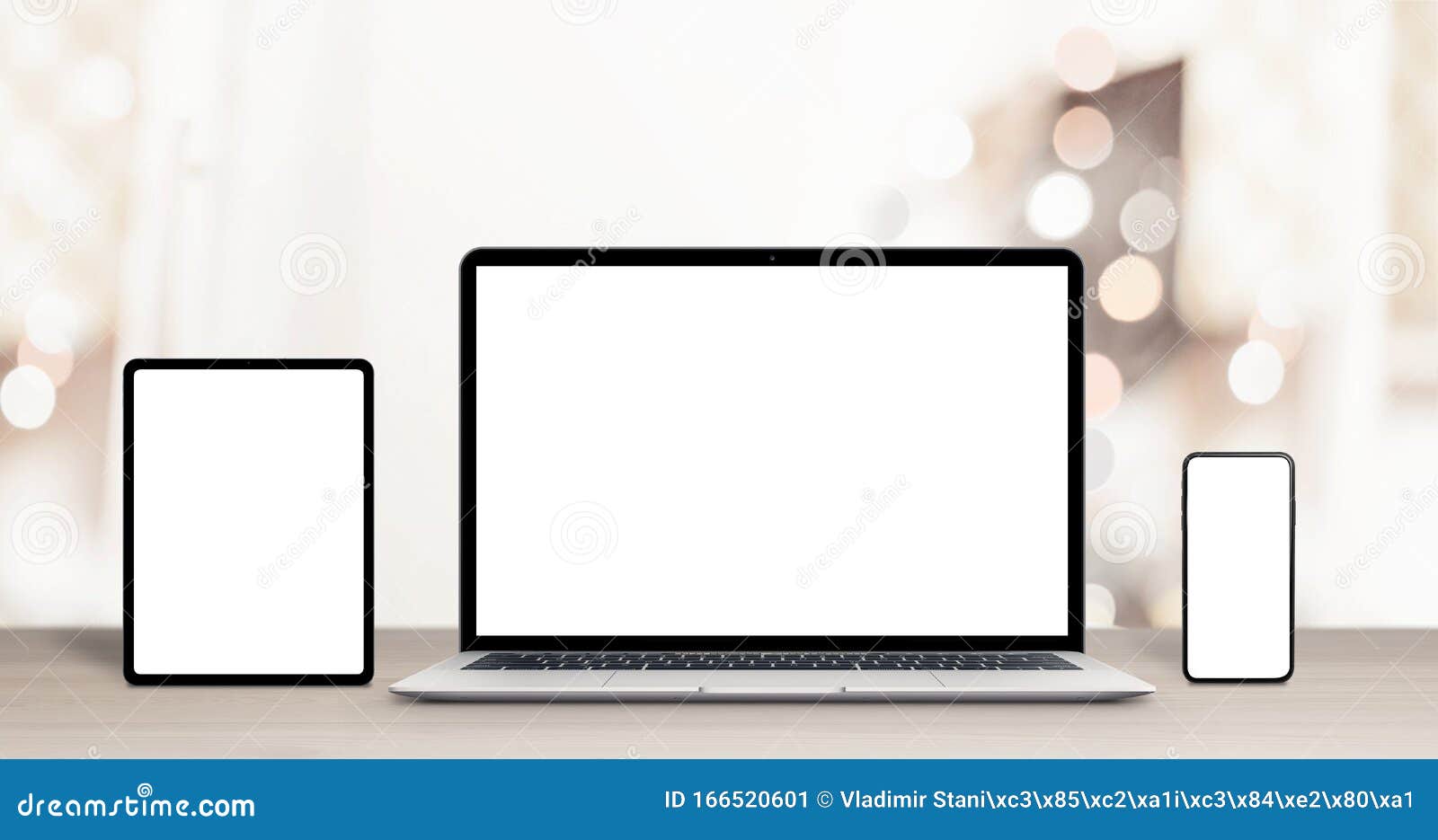 Download Phone Tablet And Laptop Computer Mockup On Work Desk For Responsive Web Design Stock Image Image Of Display Design 166520601