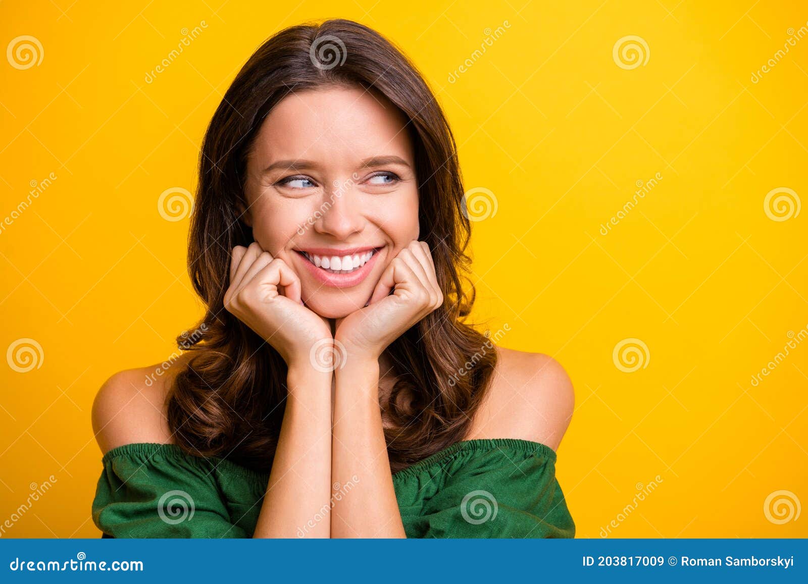 Photo Of Adorable Happy Dreamy Brunette Young Woman Look Empty Space