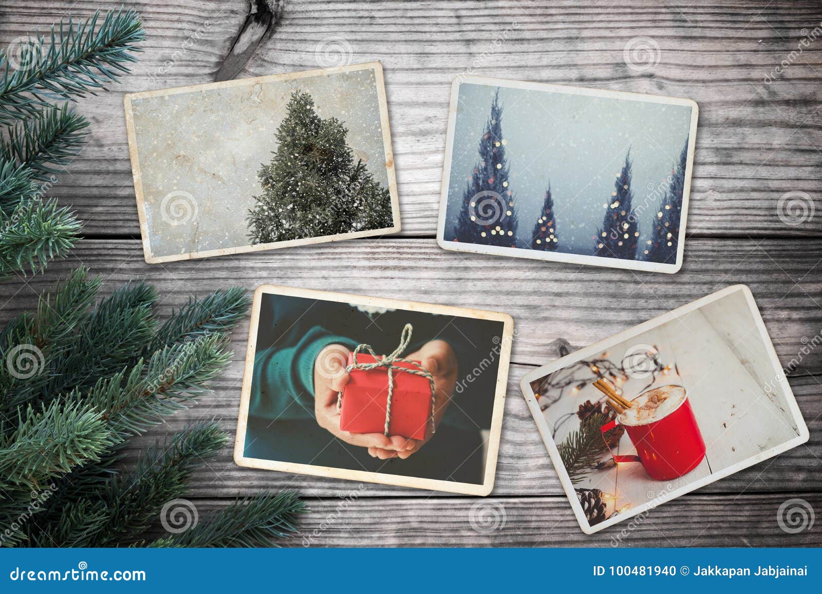 photo album in remembrance and nostalgia in christmas winter season on wood table.