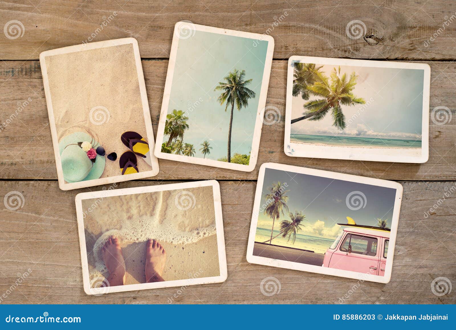 photo album remembrance and nostalgia journey in summer surfing beach trip on wood table.