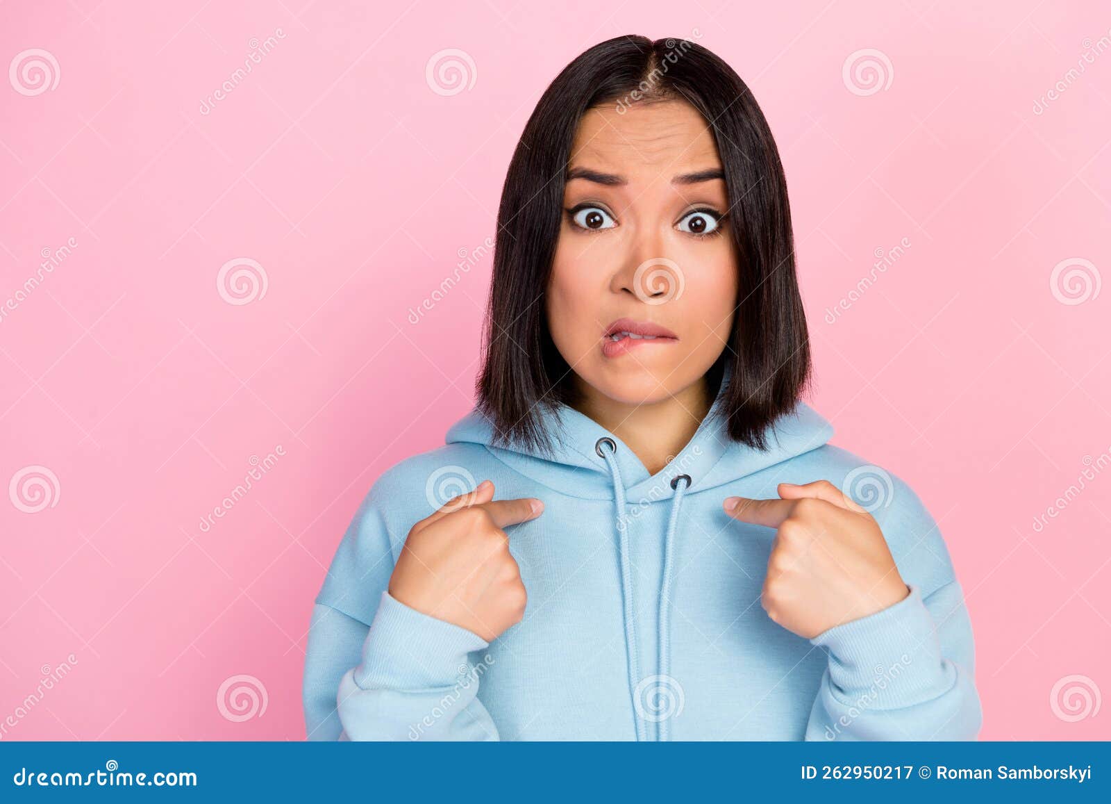 Photo Of Anxious Embarrassed Pretty Lady Direct Hands Herself Disagree Choice Surprised Decision