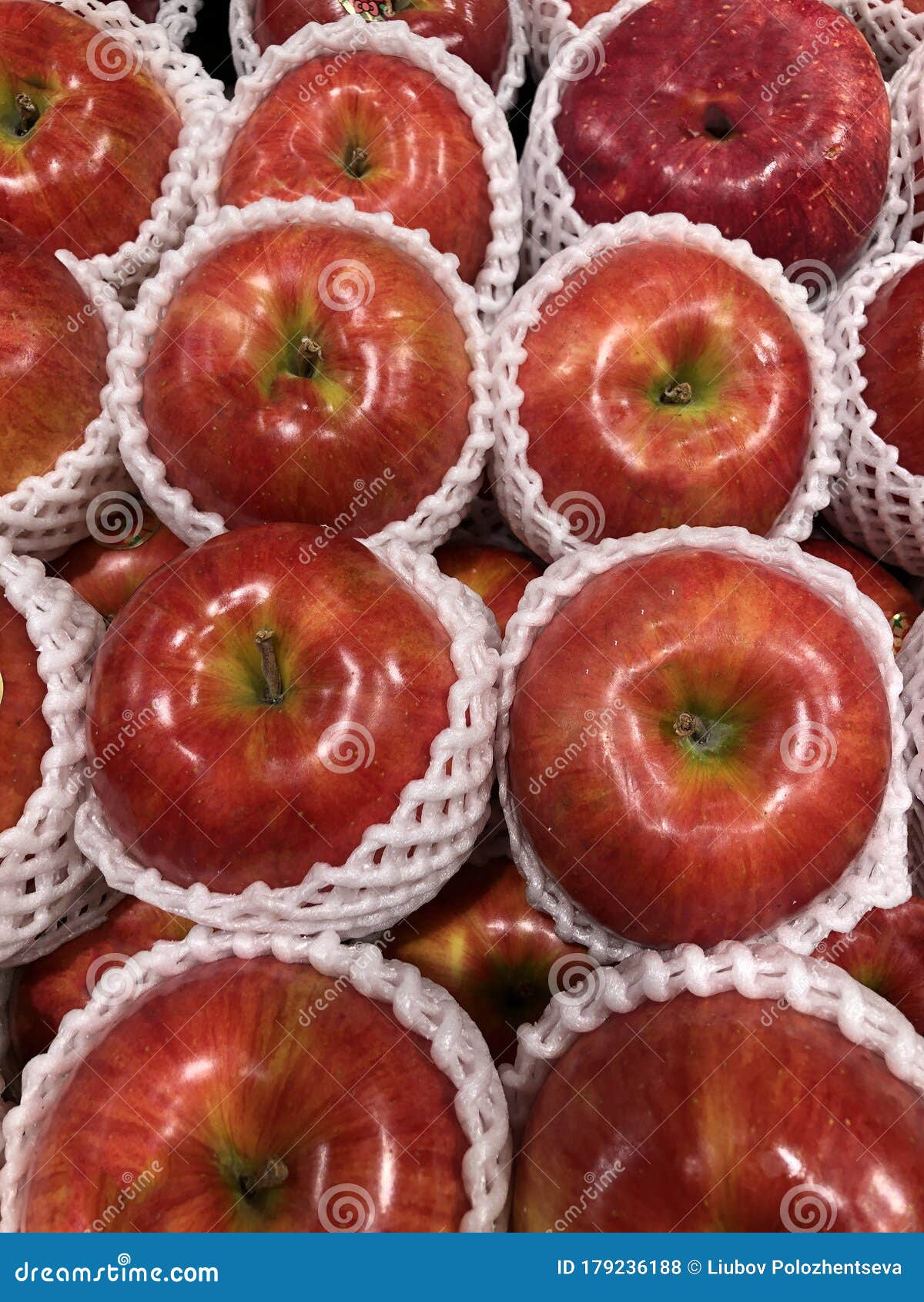 Photo Apple Fruit on the Counter of the Supermarket Stock Photo Image