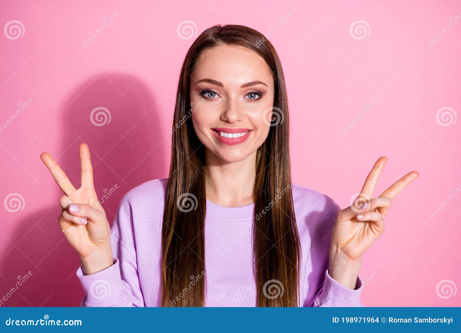 Photo of Attractive Cool Youngster Lady Show Two Fingers V-sign Symbols ...