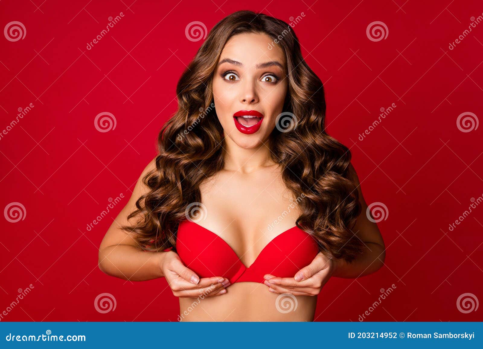 Photo of Attractive Shocked Lady Bright Lipstick Arms Hold