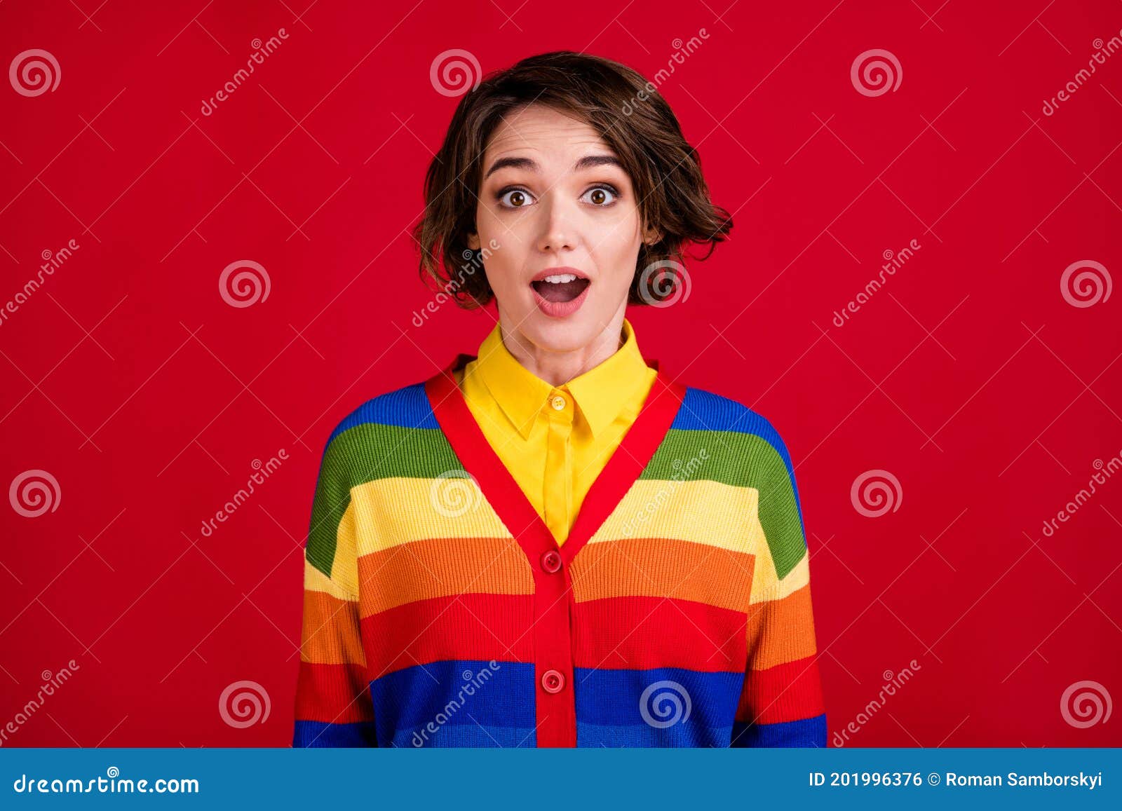 Photo of Beautiful Funny Lesbian Lady Open Mouth Excited Proud Sexual Rights Same Sex Love Marriage Good Mood Wear Stock Photo