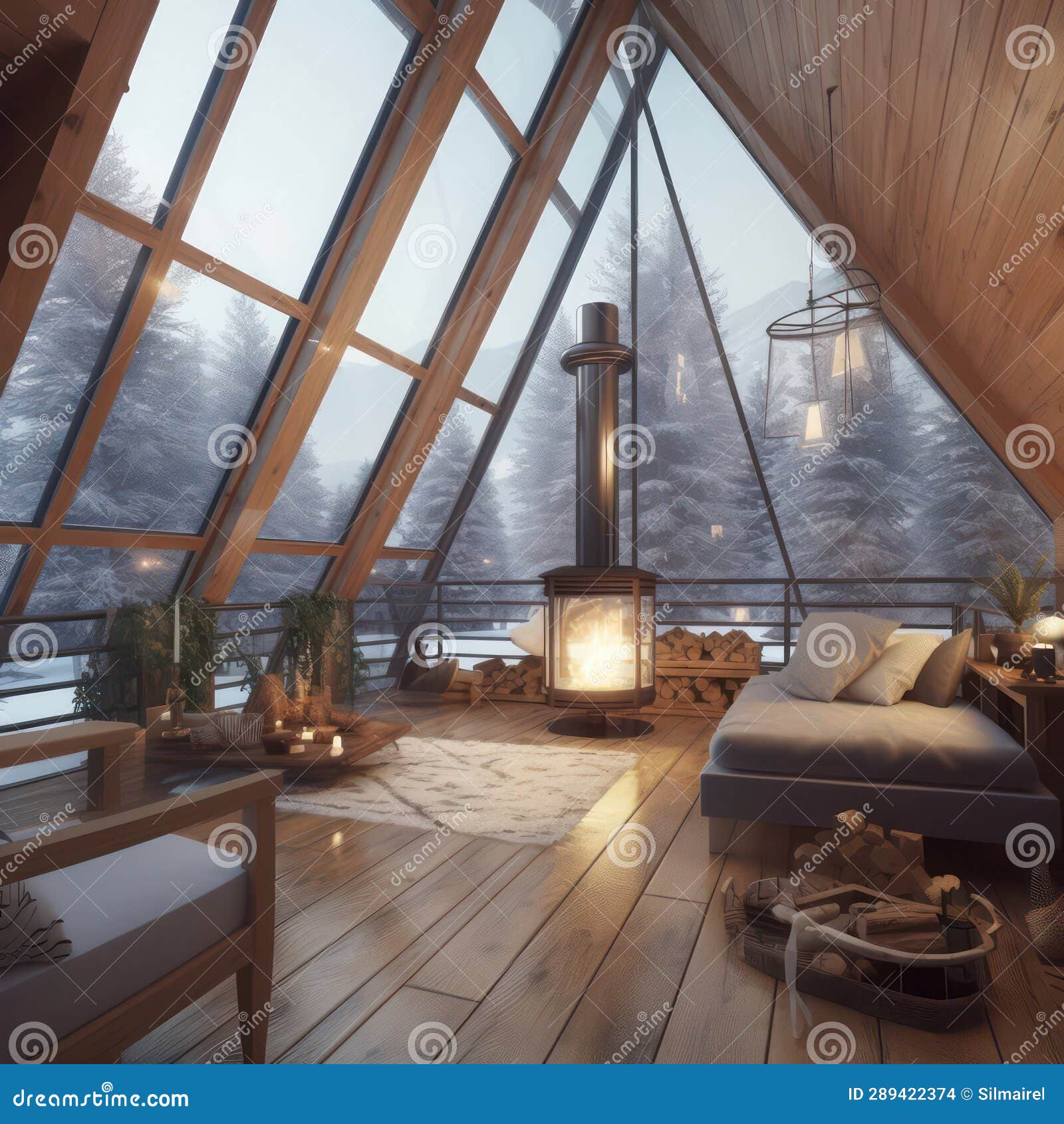 photo of the beautiful, stylish, lightful and cosy indoor interior of triangular house glamping resort in winter snow forest